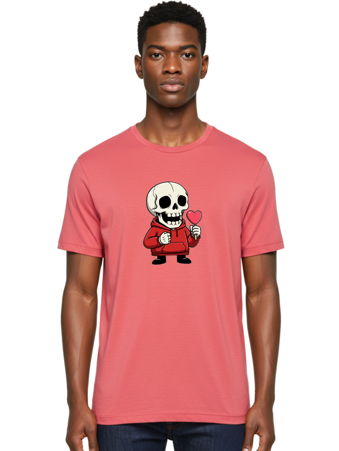 Skull-With-Heart-Lollipop Men'S Graphic Tee, 100% Cotton, Comfortable Casual Summer Wear, Machine Washable, Cartoon Skull, Red Hoodie, Heart-Shaped Lollipop, Sweet Treats, Quirky Character, Friendly Skeleton, Candy On Stick, Cartoon Art, Bad610