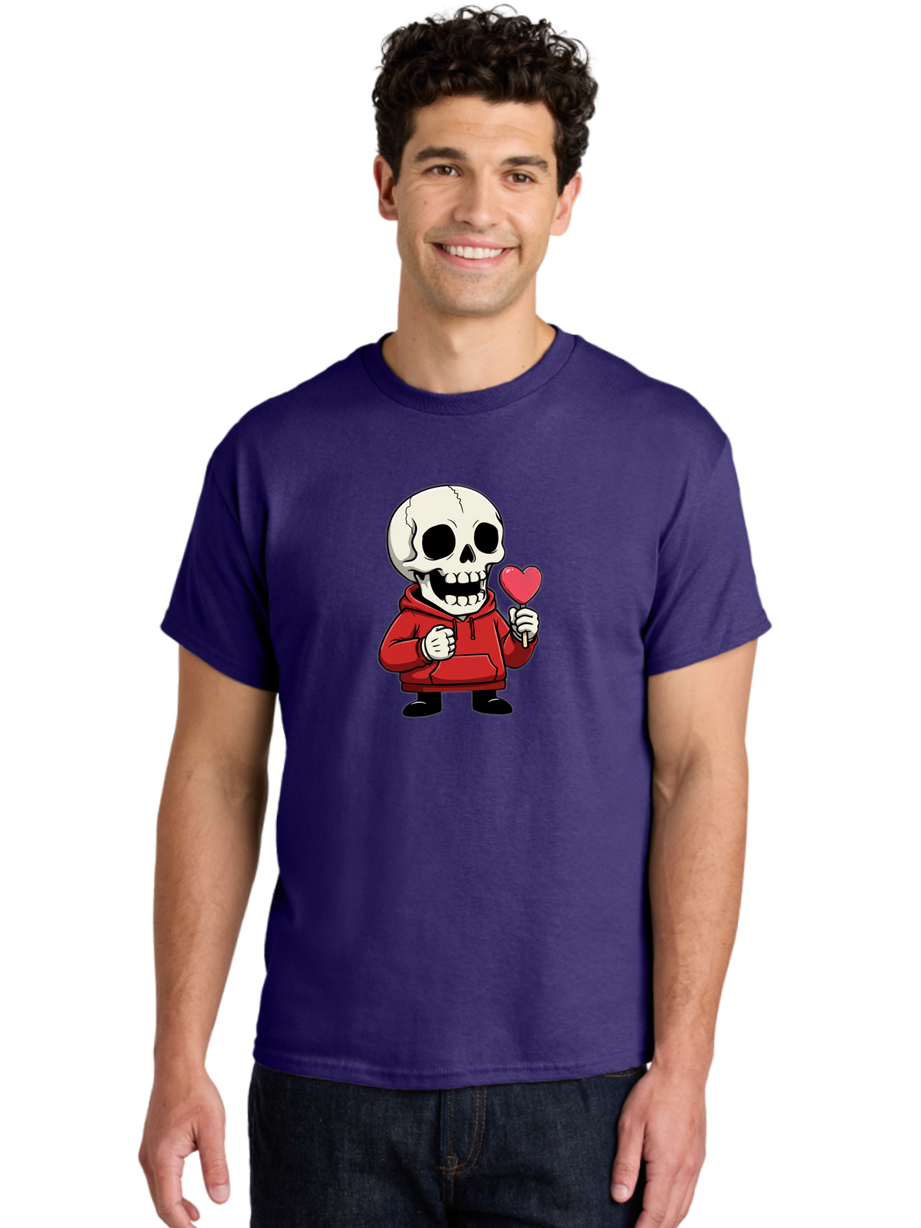 Skull-With-Heart-Lollipop Men'S Graphic Tee, 100% Cotton, Comfortable Casual Summer Wear, Machine Washable, Cartoon Skull, Red Hoodie, Heart-Shaped Lollipop, Sweet Treats, Quirky Character, Friendly Skeleton, Candy On Stick, Cartoon Art, Bad610