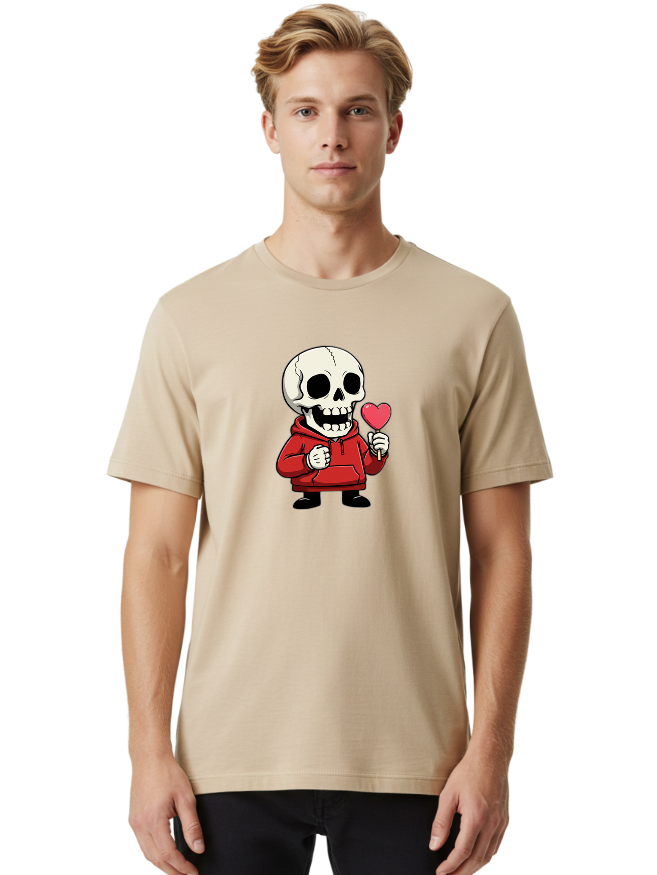 Skull-With-Heart-Lollipop Men'S Graphic Tee, 100% Cotton, Comfortable Casual Summer Wear, Machine Washable, Cartoon Skull, Red Hoodie, Heart-Shaped Lollipop, Sweet Treats, Quirky Character, Friendly Skeleton, Candy On Stick, Cartoon Art, Bad610