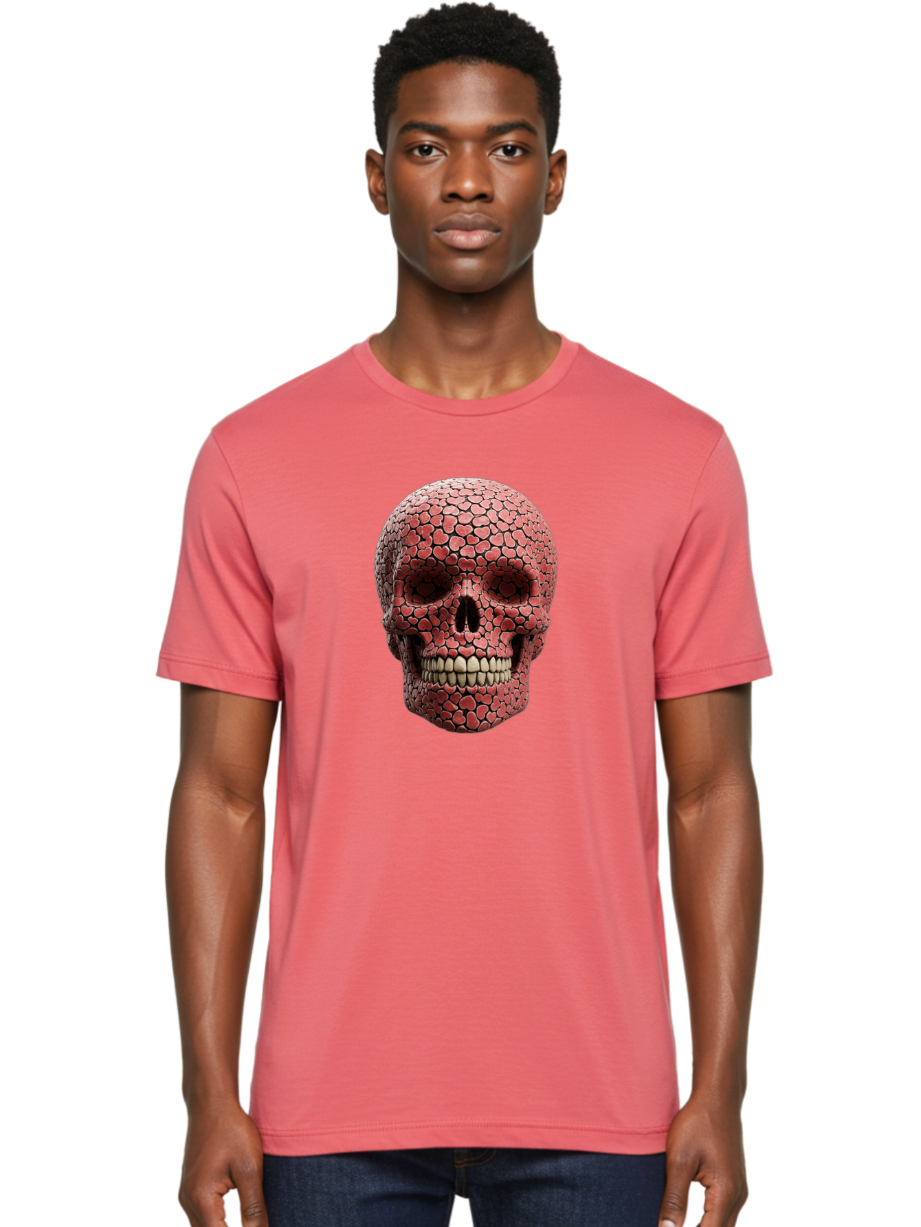 Skull-With-Hearts Men'S Graphic Tee, 100% Cotton, Comfortable Casual Summer Wear, Machine Washable, Skull Covered In Hearts, Red Hearts, Unique Design, Bold Art, Valentine'S Day Theme, Quirky Skull Art, 3D Illustration, Heart Pattern, Bad611
