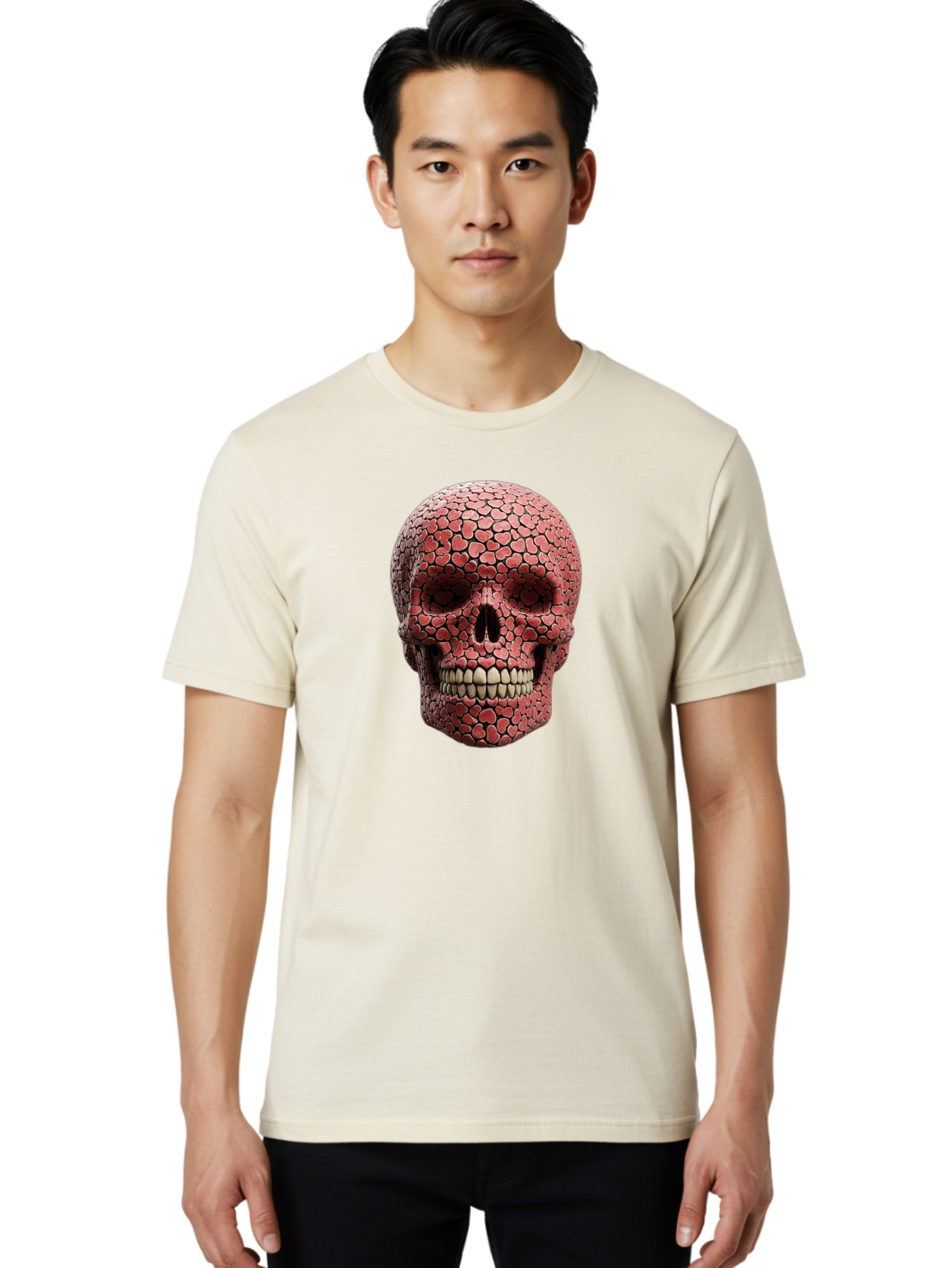 Skull-With-Hearts Men'S Graphic Tee, 100% Cotton, Comfortable Casual Summer Wear, Machine Washable, Skull Covered In Hearts, Red Hearts, Unique Design, Bold Art, Valentine'S Day Theme, Quirky Skull Art, 3D Illustration, Heart Pattern, Bad611