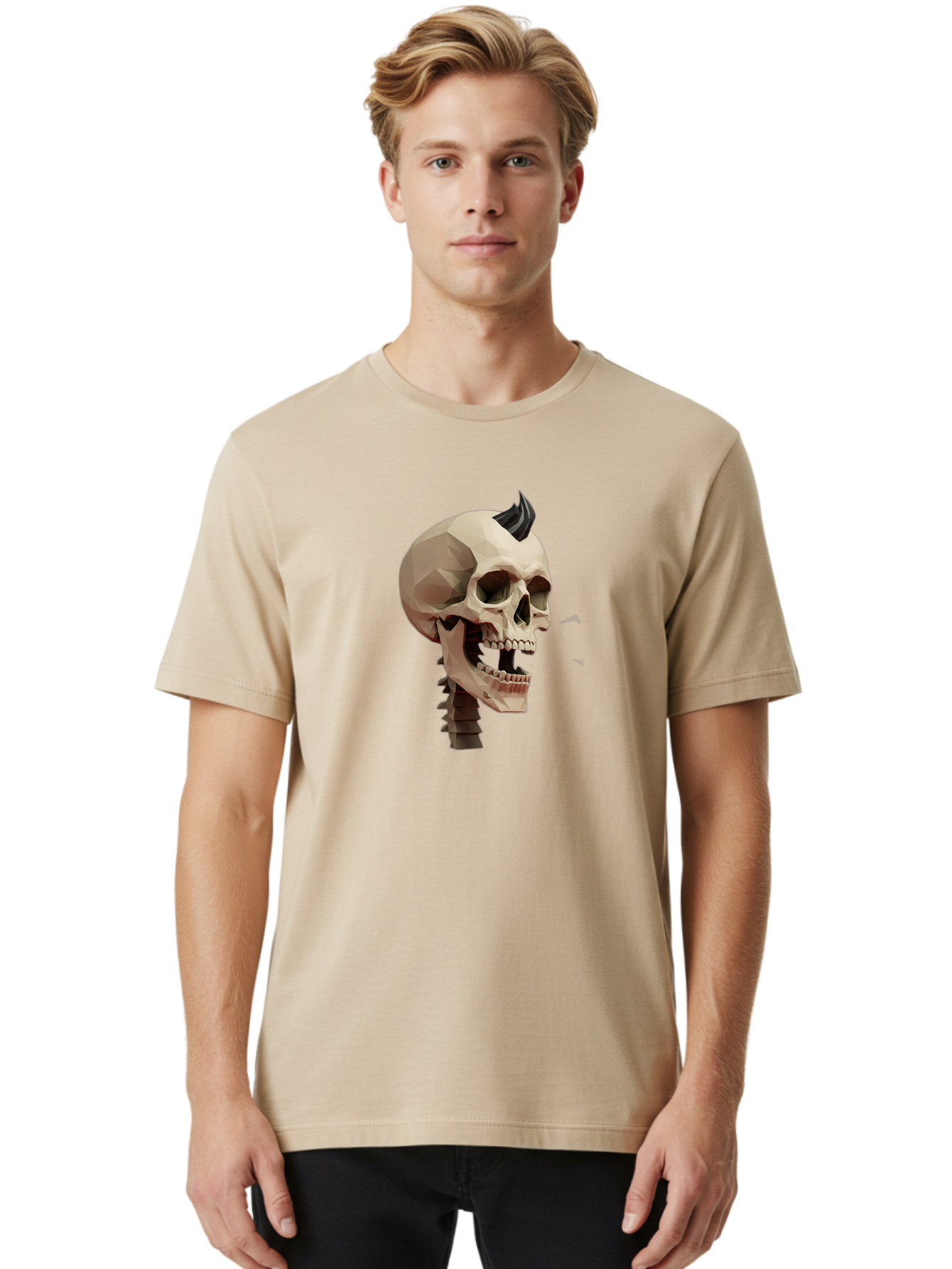 Skull-With-Mohawk Men'S Graphic Tee, 100% Cotton, Comfortable Casual Summer Wear, Machine Washable, Low Poly Skull, Geometric Shape, Punk Rock Style, Rock On, Low Poly Art, Gothic Skull, Punk Aesthetic, 3D Model, Skull Design Bad612