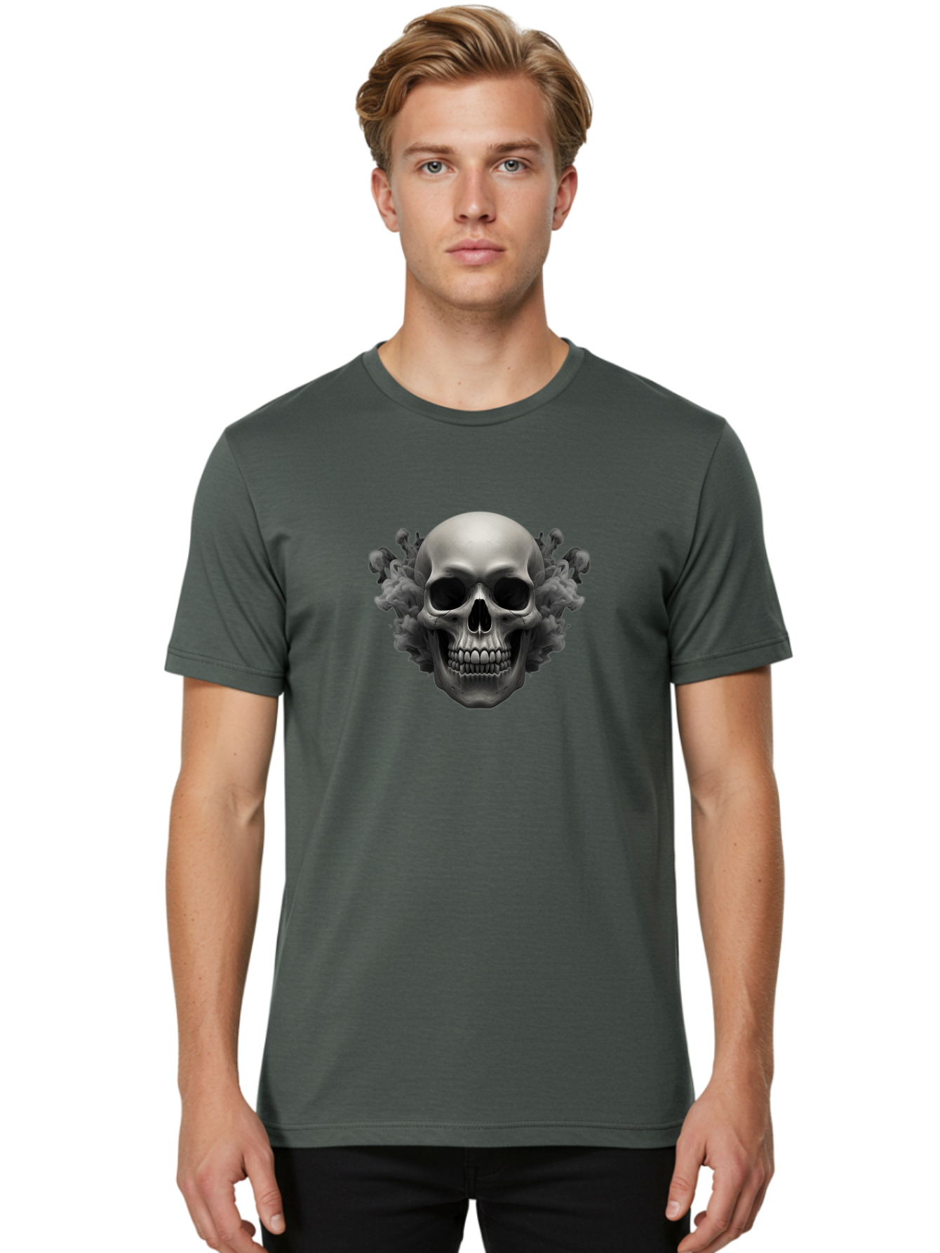Skull-With-Mushrooms Men'S Graphic Tee, 100% Cotton, Comfortable Casual Summer Wear, Machine Washable, Skull Illustration, Gray Skull, Mushroom Cloud, Fungi Art, Gothic Design, Dark Art, Spooky Graphics, Mysterious Imagery, Eerie Atmosphere, Bad613