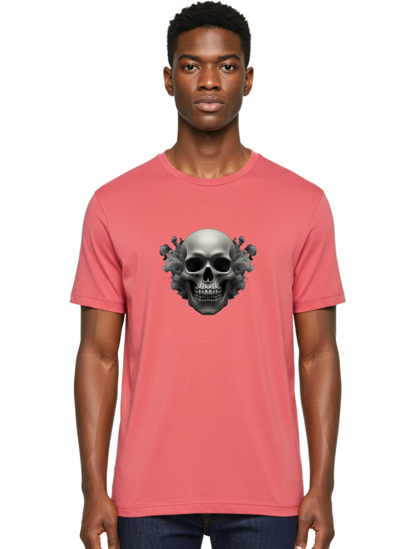 Skull-With-Mushrooms Men'S Graphic Tee, 100% Cotton, Comfortable Casual Summer Wear, Machine Washable, Skull Illustration, Gray Skull, Mushroom Cloud, Fungi Art, Gothic Design, Dark Art, Spooky Graphics, Mysterious Imagery, Eerie Atmosphere, Bad613