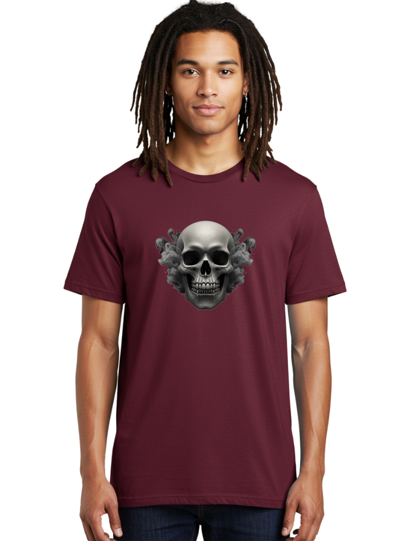 Skull-With-Mushrooms Men'S Graphic Tee, 100% Cotton, Comfortable Casual Summer Wear, Machine Washable, Skull Illustration, Gray Skull, Mushroom Cloud, Fungi Art, Gothic Design, Dark Art, Spooky Graphics, Mysterious Imagery, Eerie Atmosphere, Bad613