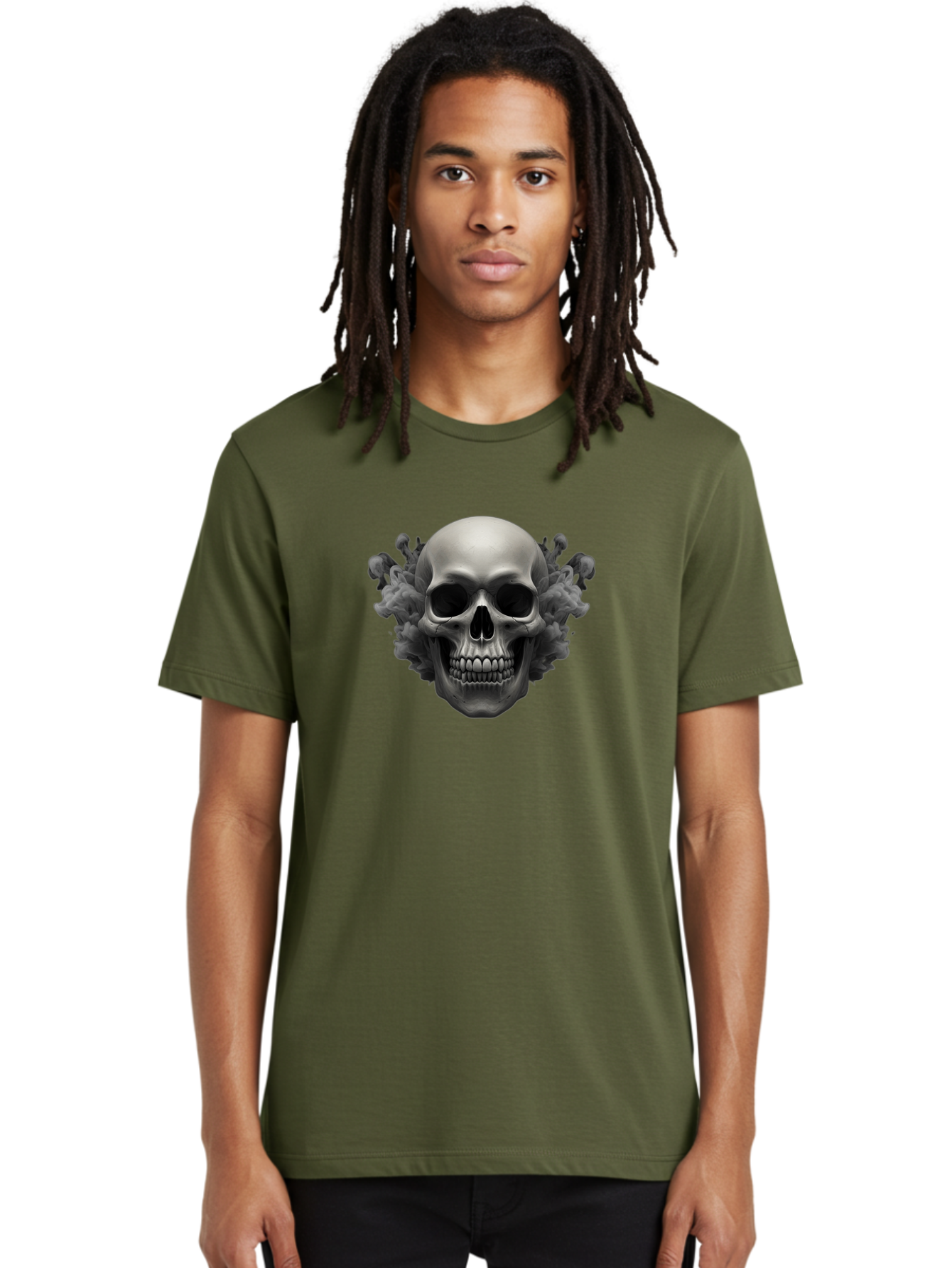 Skull-With-Mushrooms Men'S Graphic Tee, 100% Cotton, Comfortable Casual Summer Wear, Machine Washable, Skull Illustration, Gray Skull, Mushroom Cloud, Fungi Art, Gothic Design, Dark Art, Spooky Graphics, Mysterious Imagery, Eerie Atmosphere, Bad613