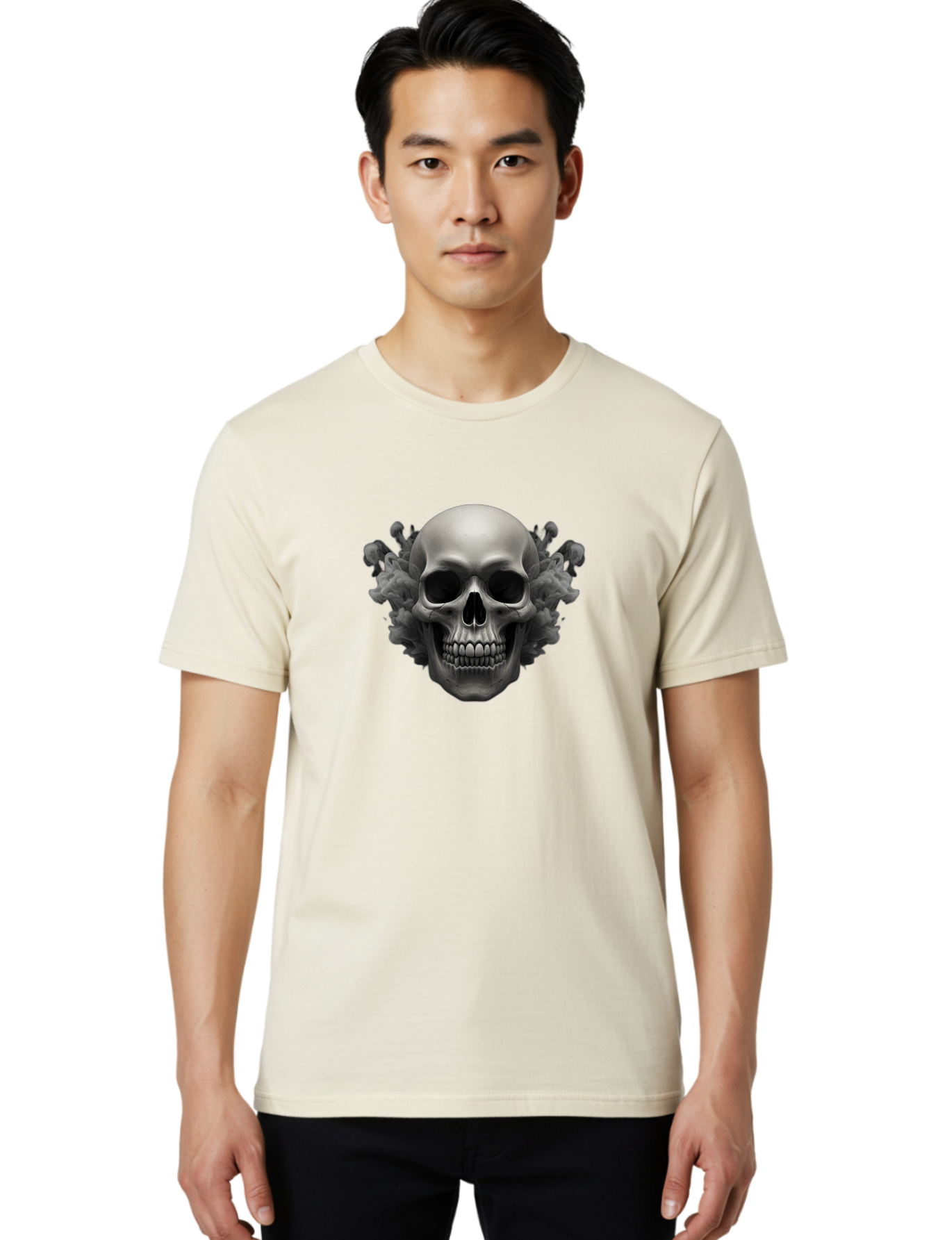 Skull-With-Mushrooms Men'S Graphic Tee, 100% Cotton, Comfortable Casual Summer Wear, Machine Washable, Skull Illustration, Gray Skull, Mushroom Cloud, Fungi Art, Gothic Design, Dark Art, Spooky Graphics, Mysterious Imagery, Eerie Atmosphere, Bad613