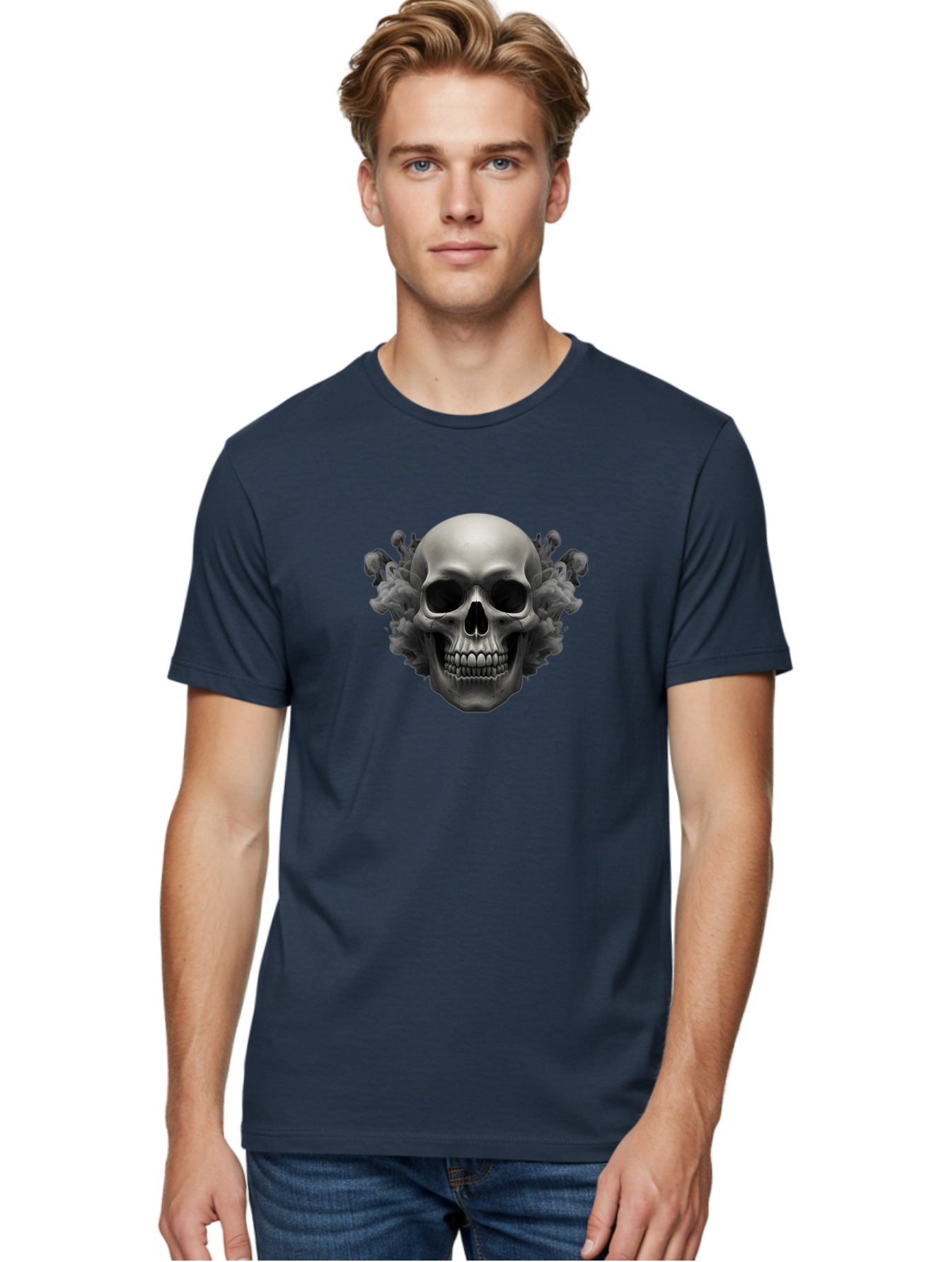 Skull-With-Mushrooms Men'S Graphic Tee, 100% Cotton, Comfortable Casual Summer Wear, Machine Washable, Skull Illustration, Gray Skull, Mushroom Cloud, Fungi Art, Gothic Design, Dark Art, Spooky Graphics, Mysterious Imagery, Eerie Atmosphere, Bad613