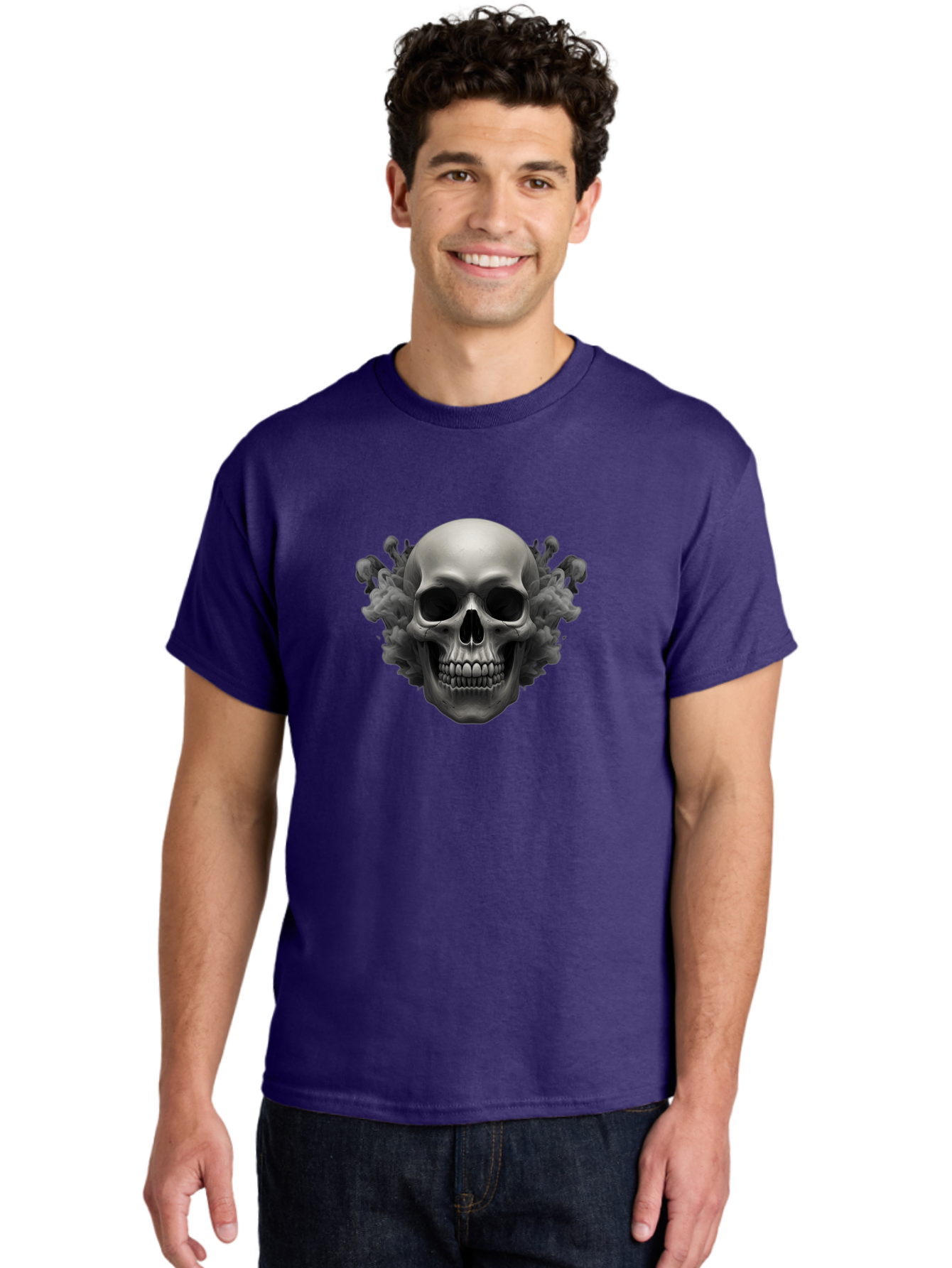 Skull-With-Mushrooms Men'S Graphic Tee, 100% Cotton, Comfortable Casual Summer Wear, Machine Washable, Skull Illustration, Gray Skull, Mushroom Cloud, Fungi Art, Gothic Design, Dark Art, Spooky Graphics, Mysterious Imagery, Eerie Atmosphere, Bad613