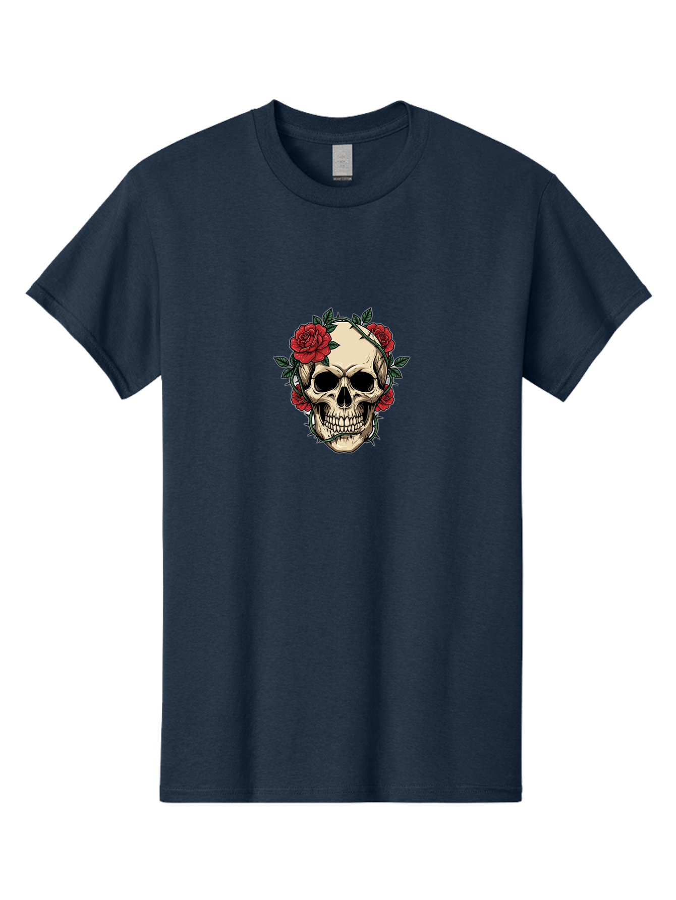 Skull-With-Roses-1 Men'S Graphic Tee, 100% Cotton, Comfortable Casual Summer Wear, Machine Washable, Skull With Flowers, Rose Wreath, Gothic Style, Human Skull, Floral Decoration, Tattoo Art, Dark Aesthetics, Symbolism, Mysterious Vibes, Bad614