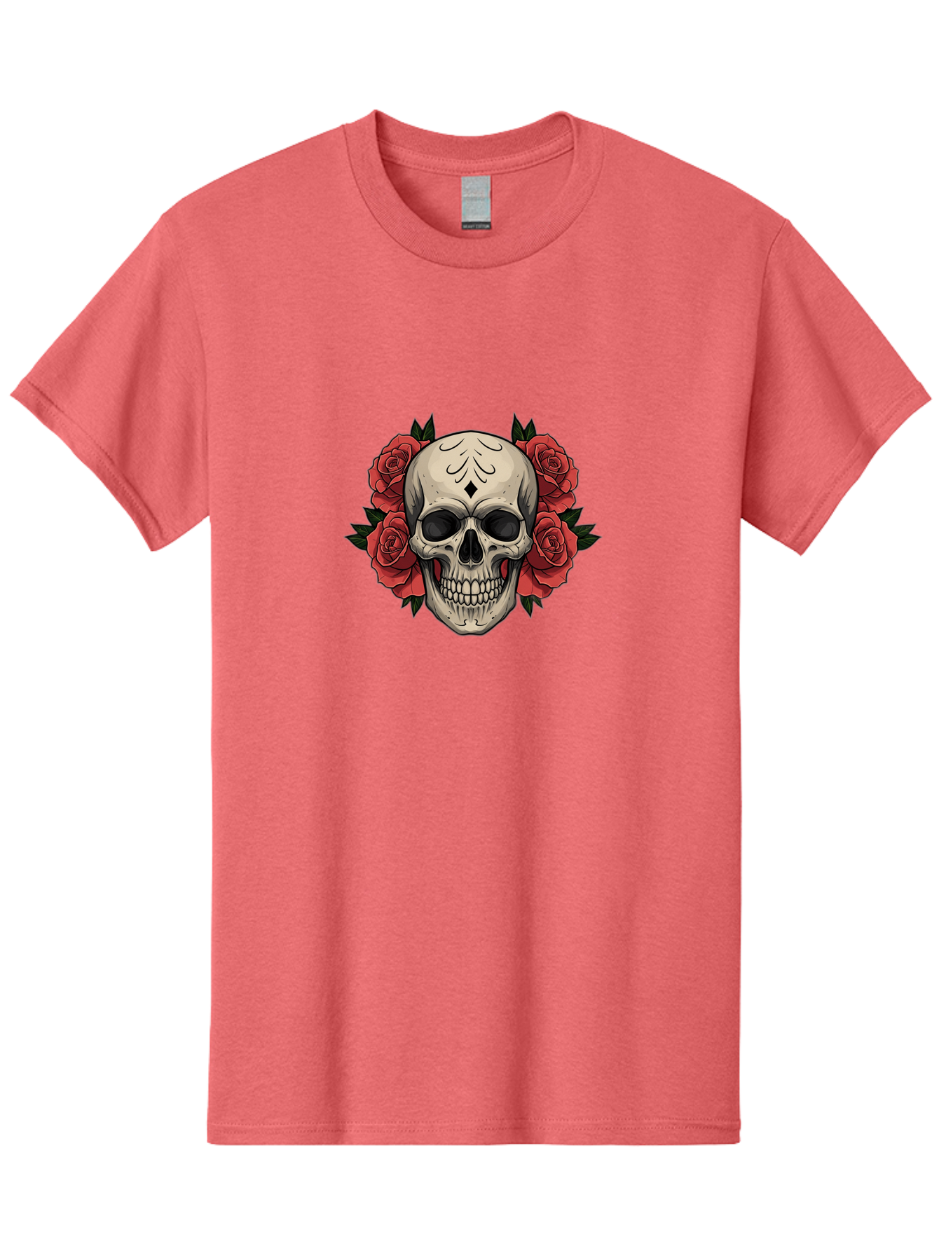 Skull-With-Roses-2 Men'S Graphic Tee, 100% Cotton, Comfortable Casual Summer Wear, Machine Washable, Skull Illustration, Red Roses, Sugar Skull, Floral Design, Gothic Art, Day Of The Dead, Tattoo Art, Skull With Flowers Bad615