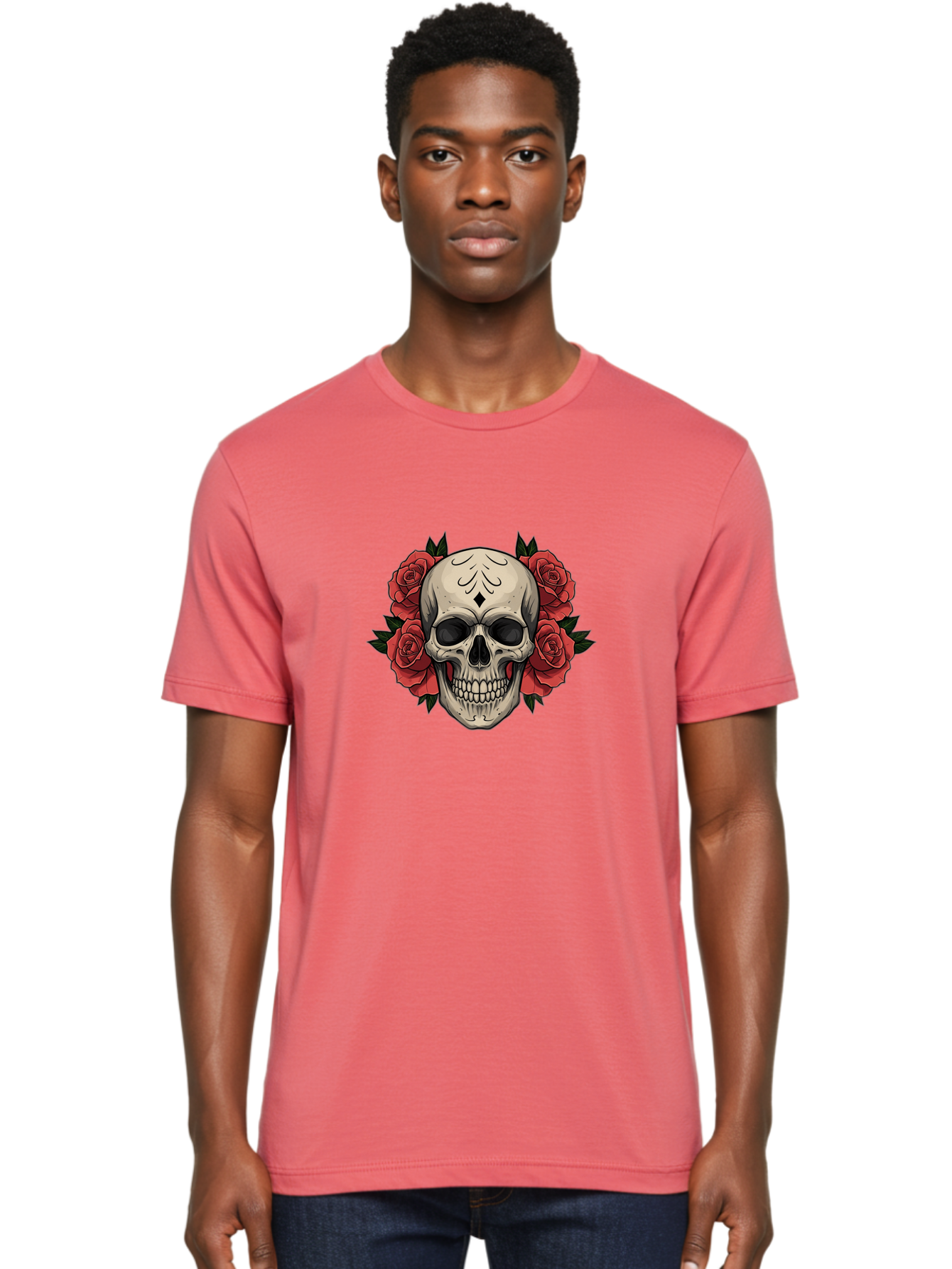 Skull-With-Roses-2 Men'S Graphic Tee, 100% Cotton, Comfortable Casual Summer Wear, Machine Washable, Skull Illustration, Red Roses, Sugar Skull, Floral Design, Gothic Art, Day Of The Dead, Tattoo Art, Skull With Flowers Bad615