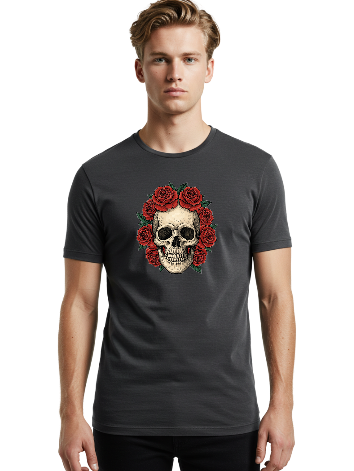 Skull-With-Roses-3 Men'S Graphic Tee, 100% Cotton, Comfortable Casual Summer Wear, Machine Washable, Skull With Red Roses, Sugar Skull, Day Of The Dead, Floral Wreath, Gothic Romance, Dark Art, Vintage Illustration, Red Roses, Tattoo Art Bad616