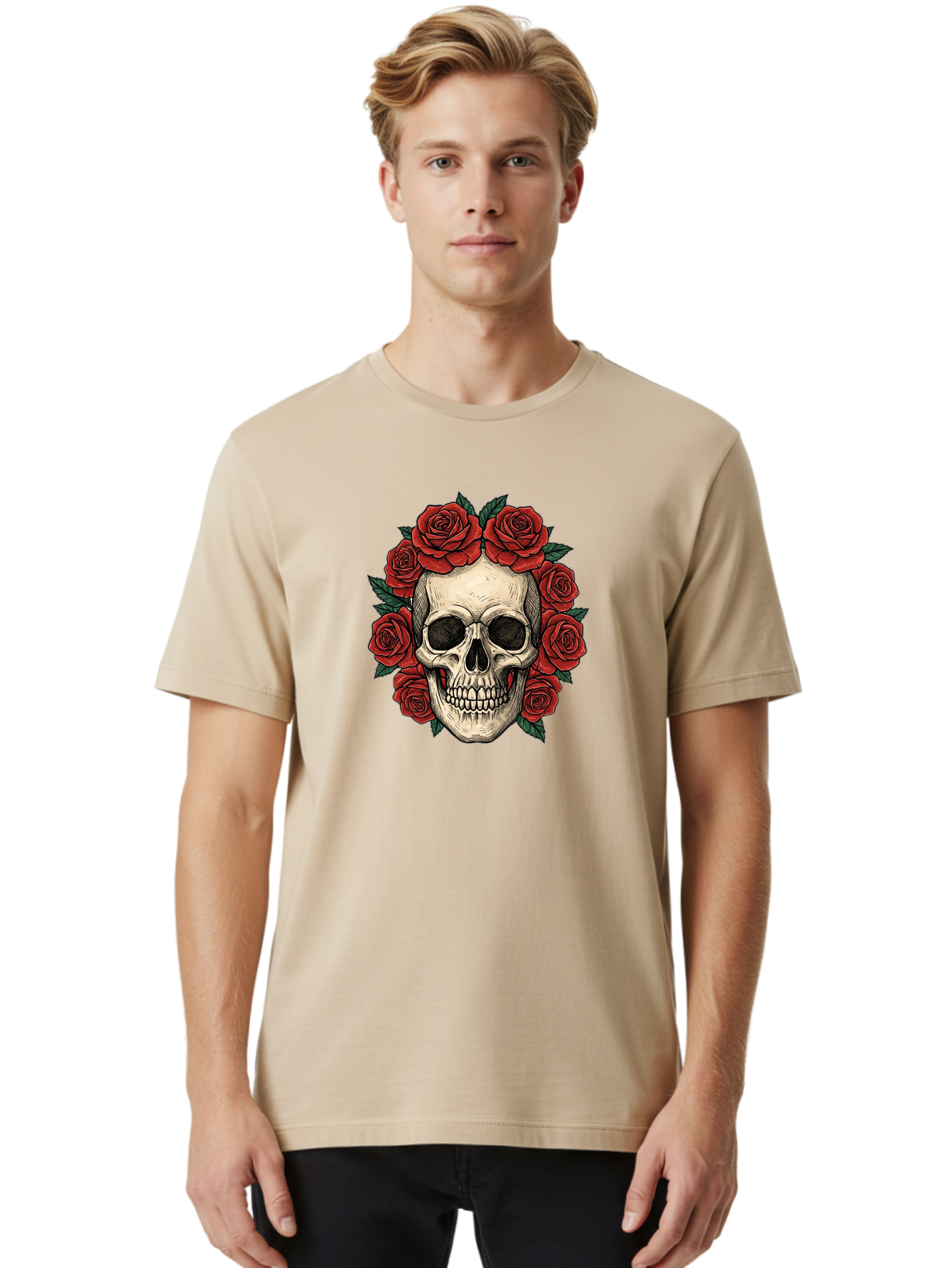 Skull-With-Roses-3 Men'S Graphic Tee, 100% Cotton, Comfortable Casual Summer Wear, Machine Washable, Skull With Red Roses, Sugar Skull, Day Of The Dead, Floral Wreath, Gothic Romance, Dark Art, Vintage Illustration, Red Roses, Tattoo Art Bad616