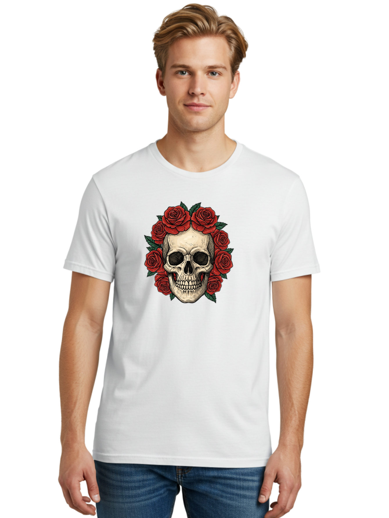 Skull-With-Roses-3 Men'S Graphic Tee, 100% Cotton, Comfortable Casual Summer Wear, Machine Washable, Skull With Red Roses, Sugar Skull, Day Of The Dead, Floral Wreath, Gothic Romance, Dark Art, Vintage Illustration, Red Roses, Tattoo Art Bad616