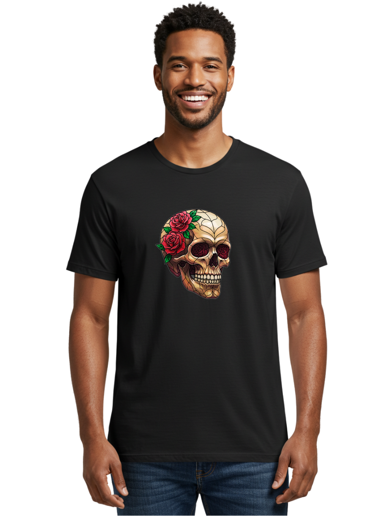 Skull-With-Roses-4 Men'S Graphic Tee, 100% Cotton, Comfortable Casual Summer Wear, Machine Washable, Human Skull, Sugar Skull, Red Roses, Floral Design, Stained Glass Effect, Gothic Style, Tattoo Art, Rose Eyes, Death And Beauty, Floral Skull Bad617