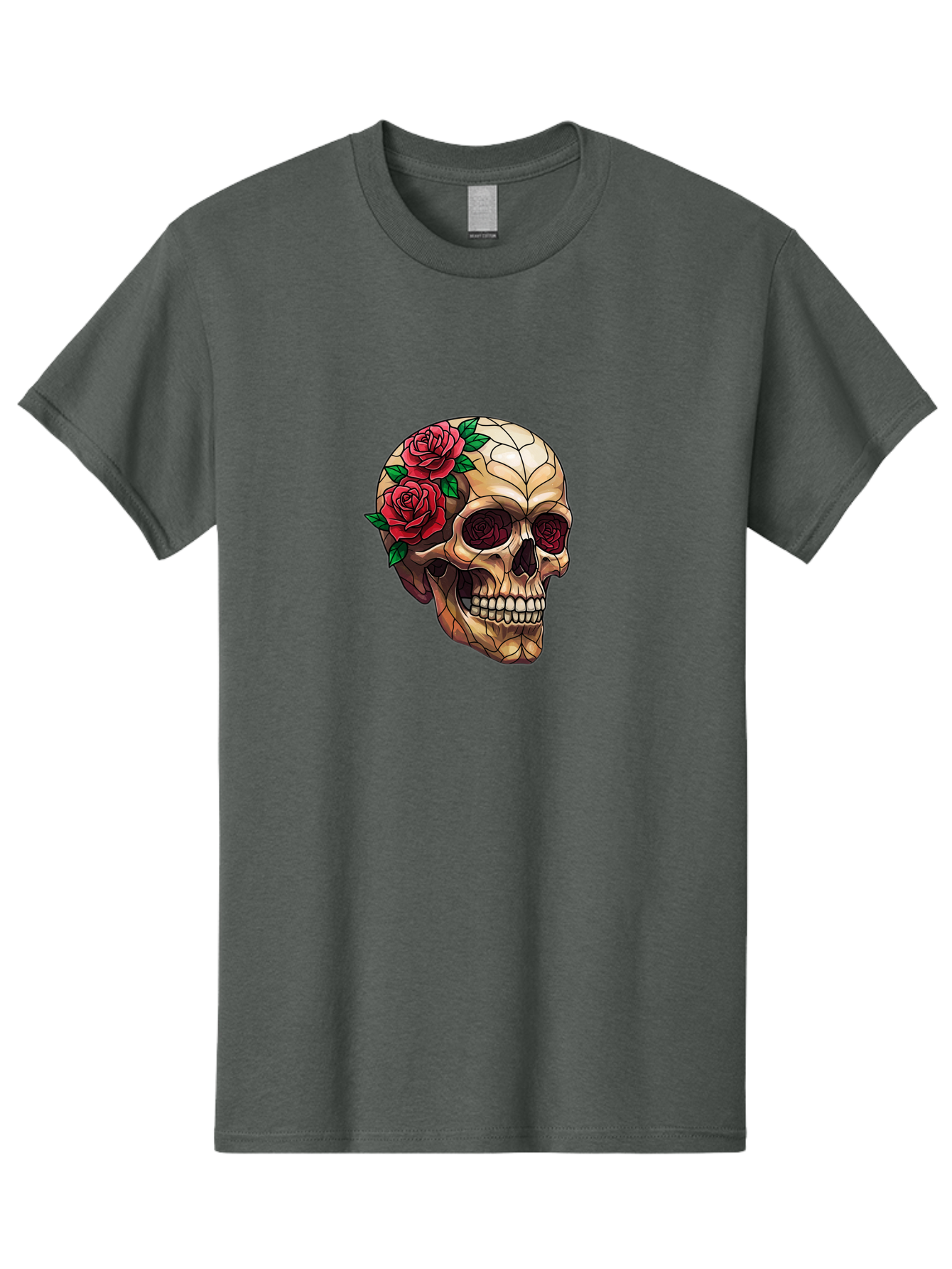 Skull-With-Roses-4 Men'S Graphic Tee, 100% Cotton, Comfortable Casual Summer Wear, Machine Washable, Human Skull, Sugar Skull, Red Roses, Floral Design, Stained Glass Effect, Gothic Style, Tattoo Art, Rose Eyes, Death And Beauty, Floral Skull Bad617