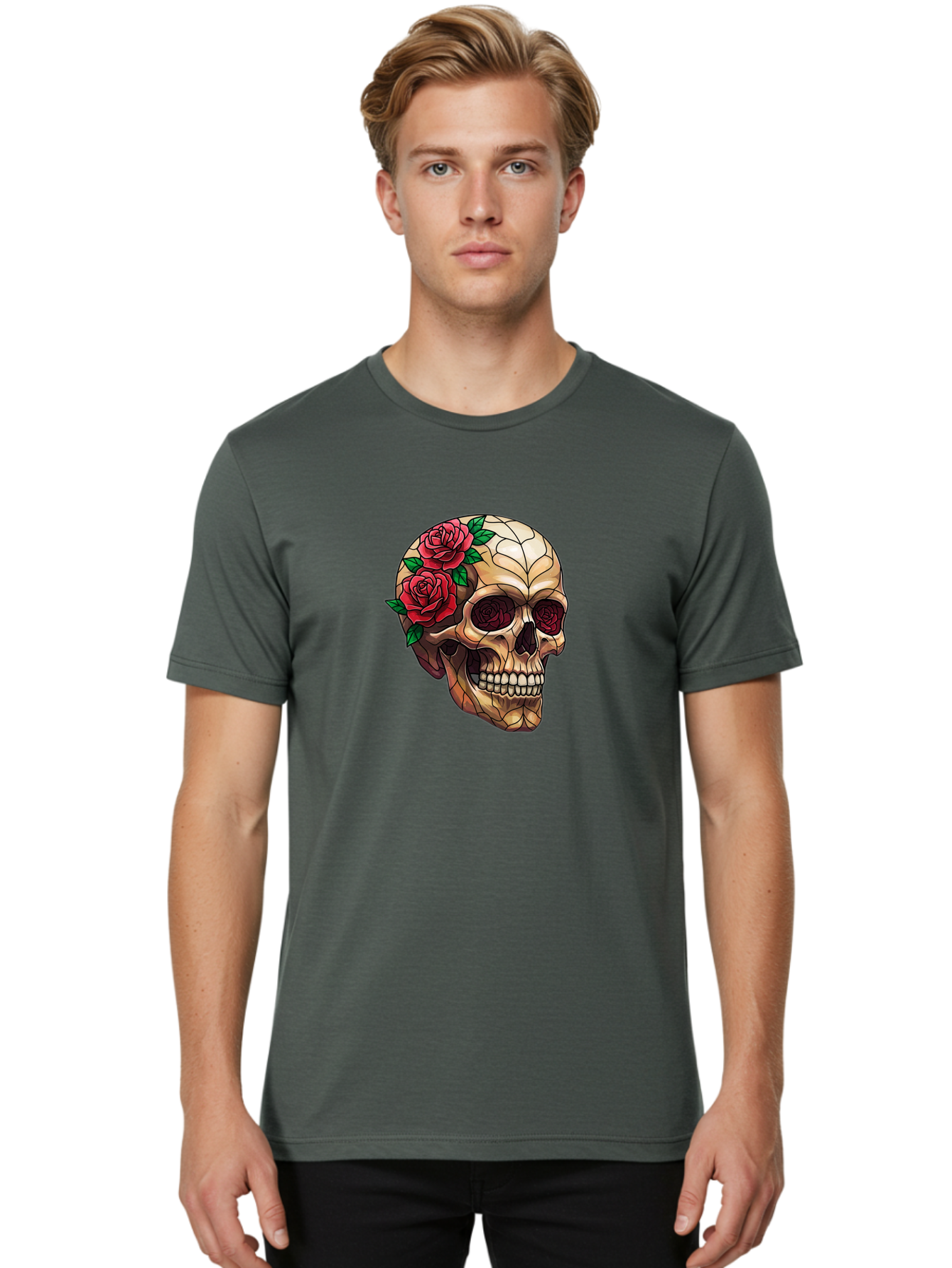 Skull-With-Roses-4 Men'S Graphic Tee, 100% Cotton, Comfortable Casual Summer Wear, Machine Washable, Human Skull, Sugar Skull, Red Roses, Floral Design, Stained Glass Effect, Gothic Style, Tattoo Art, Rose Eyes, Death And Beauty, Floral Skull Bad617