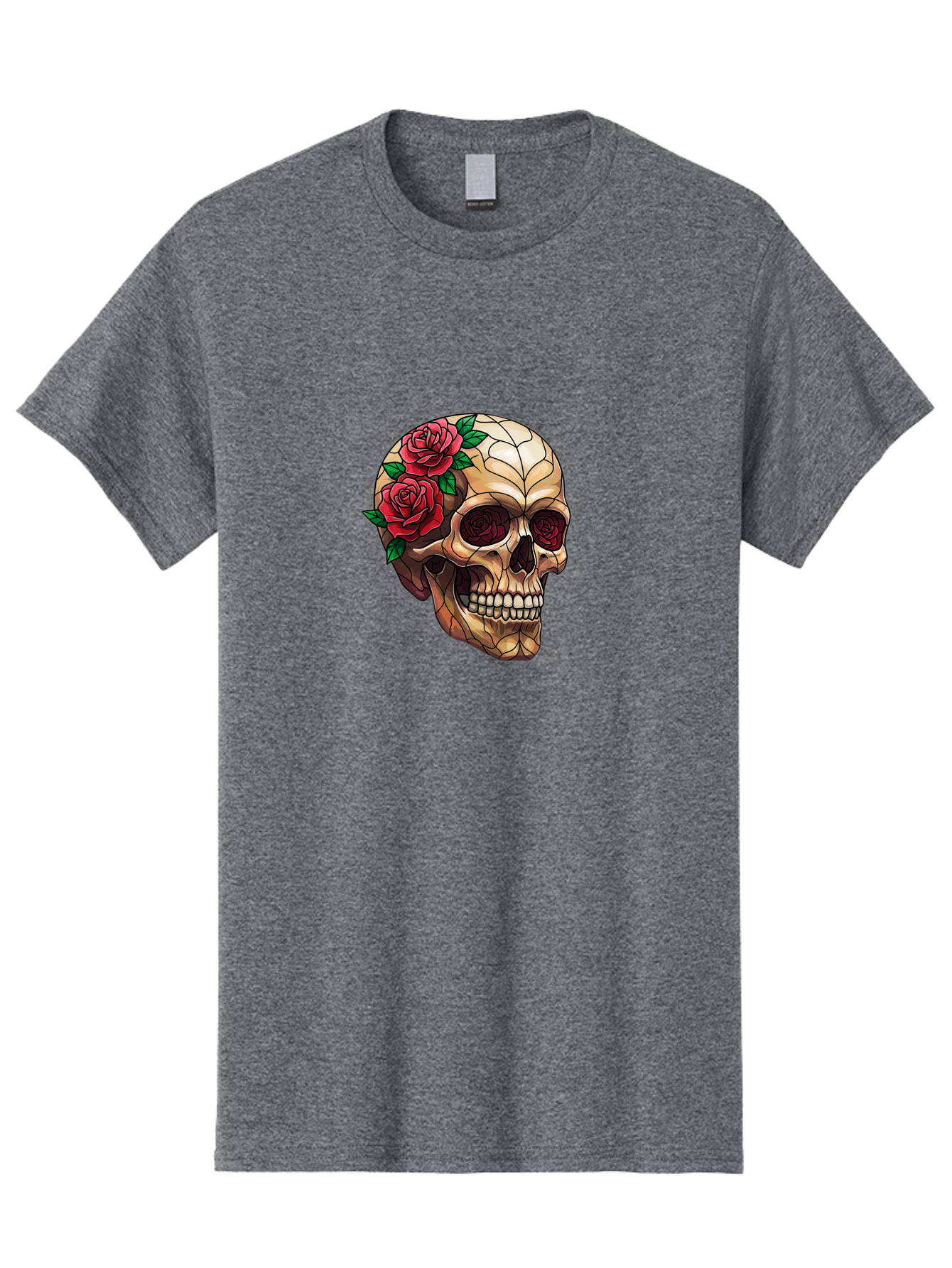 Skull-With-Roses-4 Men'S Graphic Tee, 100% Cotton, Comfortable Casual Summer Wear, Machine Washable, Human Skull, Sugar Skull, Red Roses, Floral Design, Stained Glass Effect, Gothic Style, Tattoo Art, Rose Eyes, Death And Beauty, Floral Skull Bad617