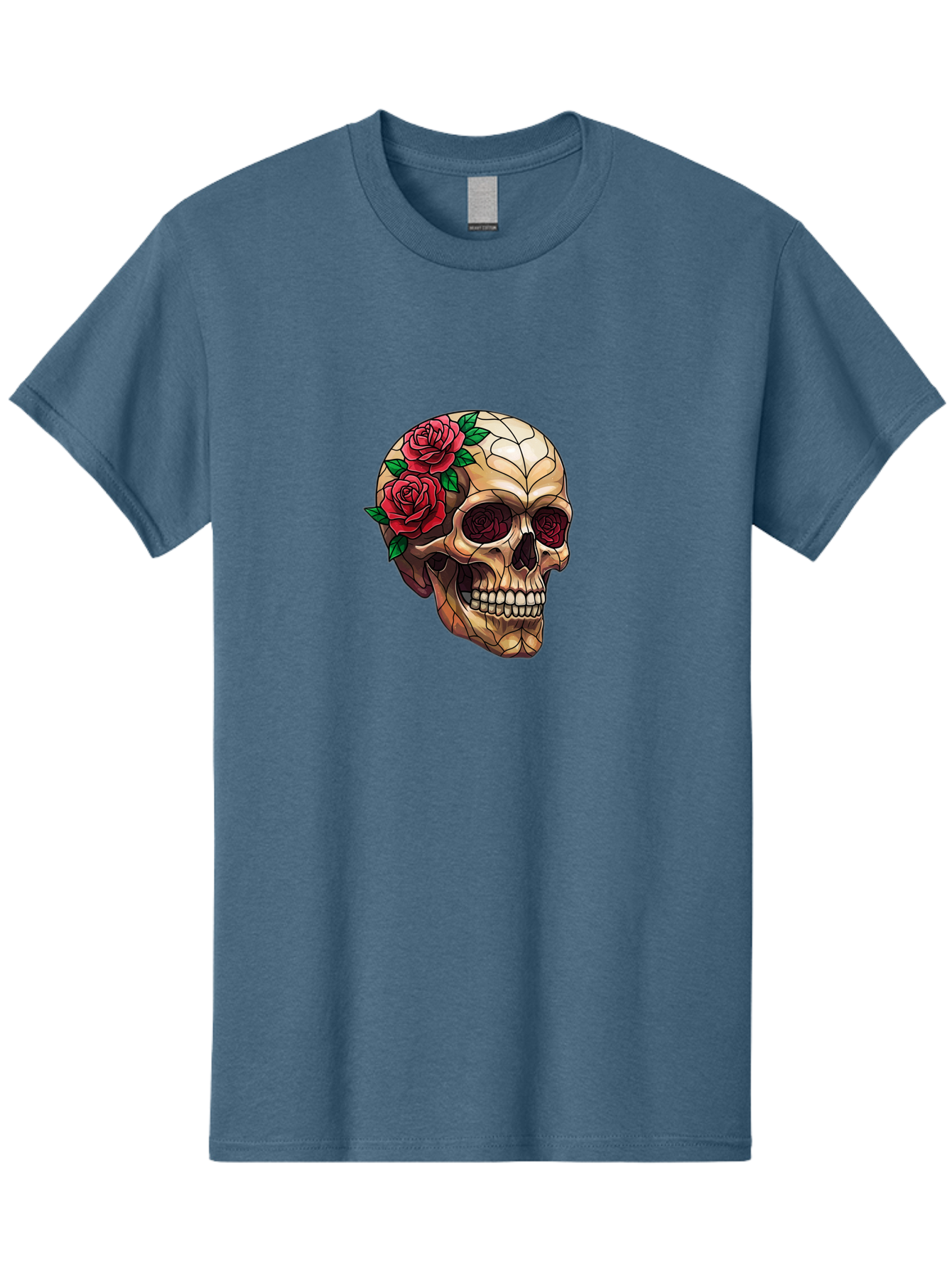 Skull-With-Roses-4 Men'S Graphic Tee, 100% Cotton, Comfortable Casual Summer Wear, Machine Washable, Human Skull, Sugar Skull, Red Roses, Floral Design, Stained Glass Effect, Gothic Style, Tattoo Art, Rose Eyes, Death And Beauty, Floral Skull Bad617