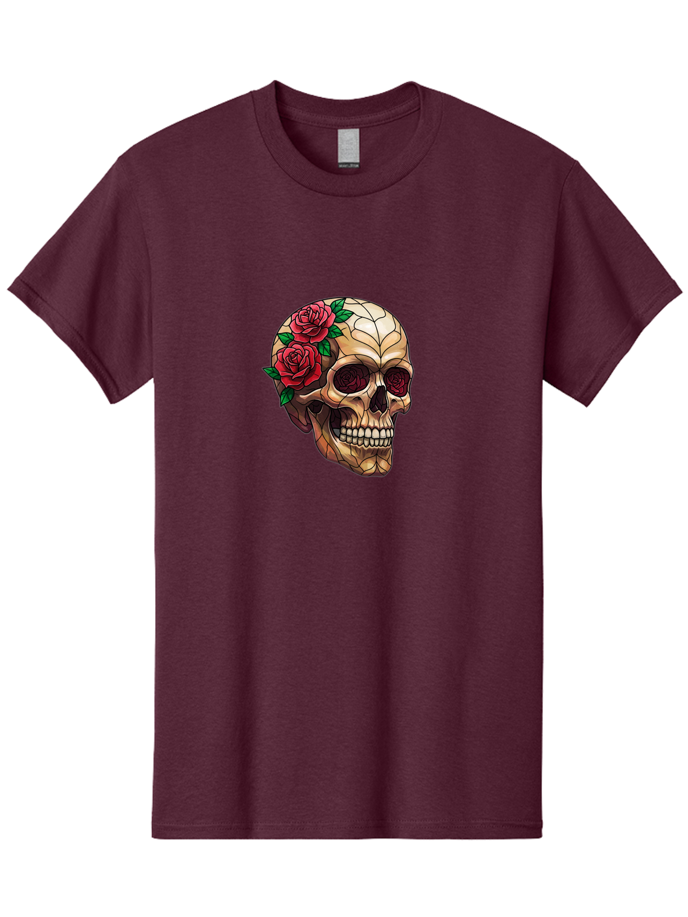 Skull-With-Roses-4 Men'S Graphic Tee, 100% Cotton, Comfortable Casual Summer Wear, Machine Washable, Human Skull, Sugar Skull, Red Roses, Floral Design, Stained Glass Effect, Gothic Style, Tattoo Art, Rose Eyes, Death And Beauty, Floral Skull Bad617