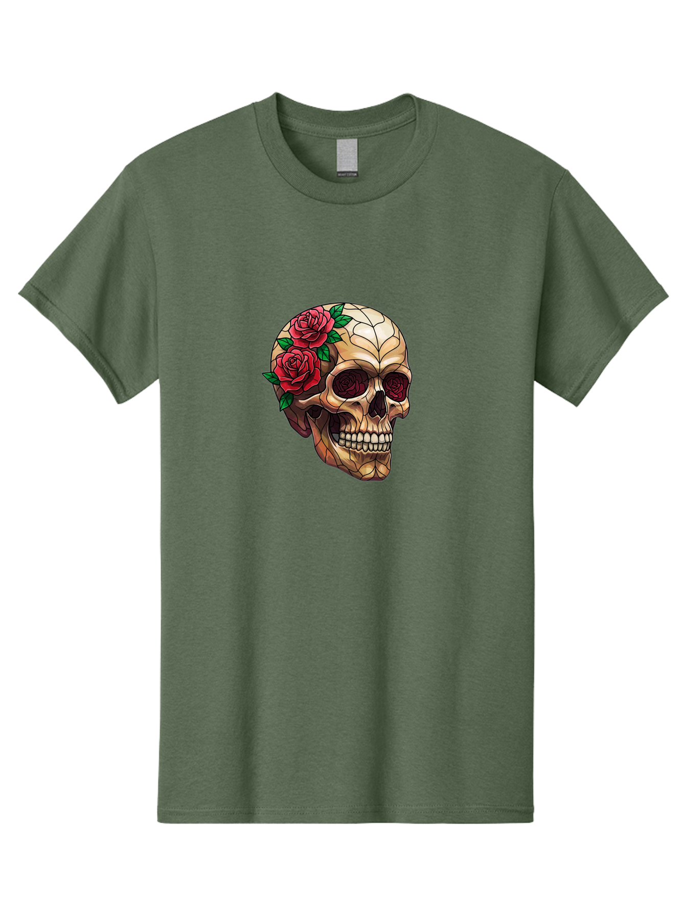 Skull-With-Roses-4 Men'S Graphic Tee, 100% Cotton, Comfortable Casual Summer Wear, Machine Washable, Human Skull, Sugar Skull, Red Roses, Floral Design, Stained Glass Effect, Gothic Style, Tattoo Art, Rose Eyes, Death And Beauty, Floral Skull Bad617