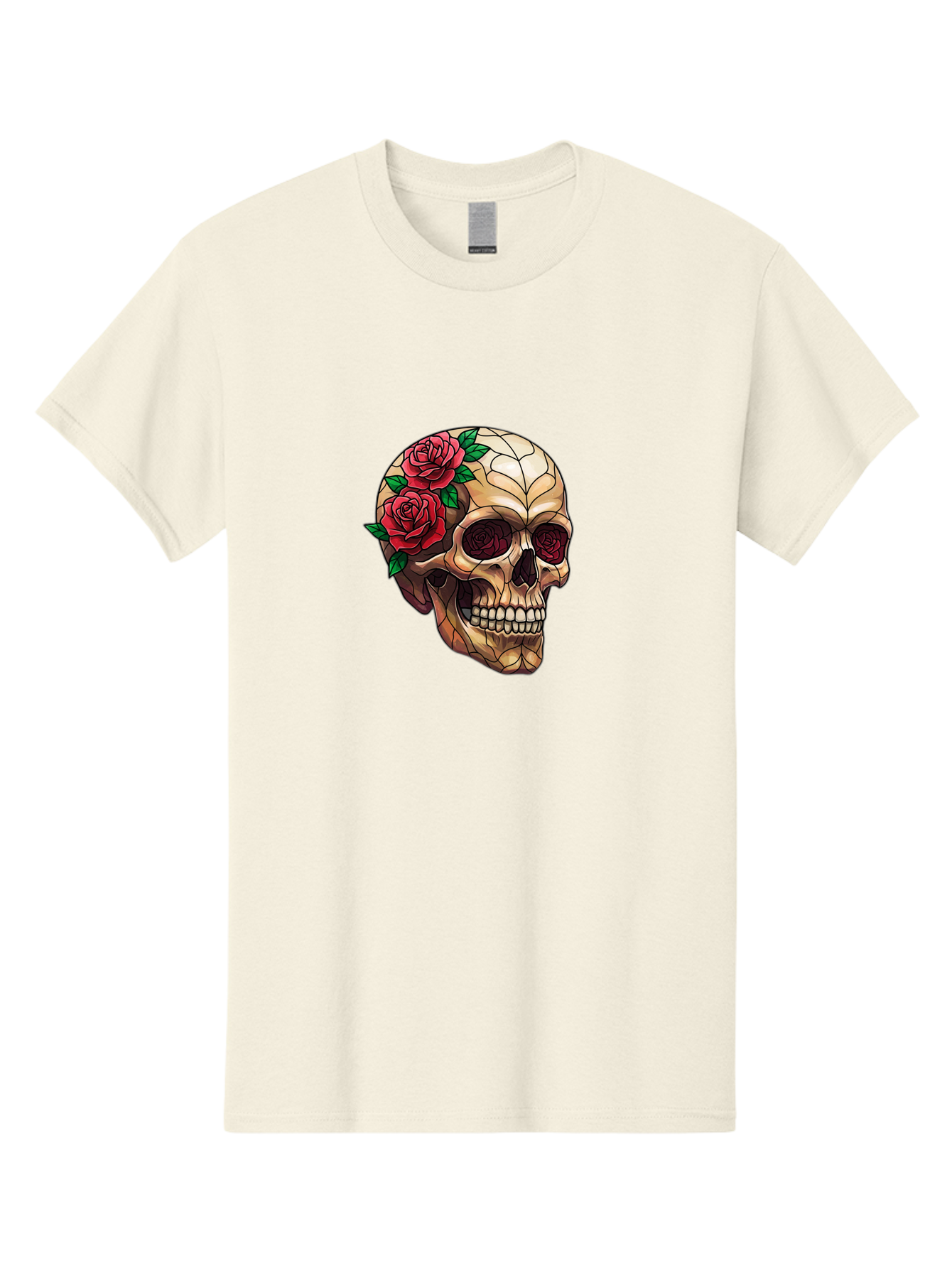 Skull-With-Roses-4 Men'S Graphic Tee, 100% Cotton, Comfortable Casual Summer Wear, Machine Washable, Human Skull, Sugar Skull, Red Roses, Floral Design, Stained Glass Effect, Gothic Style, Tattoo Art, Rose Eyes, Death And Beauty, Floral Skull Bad617