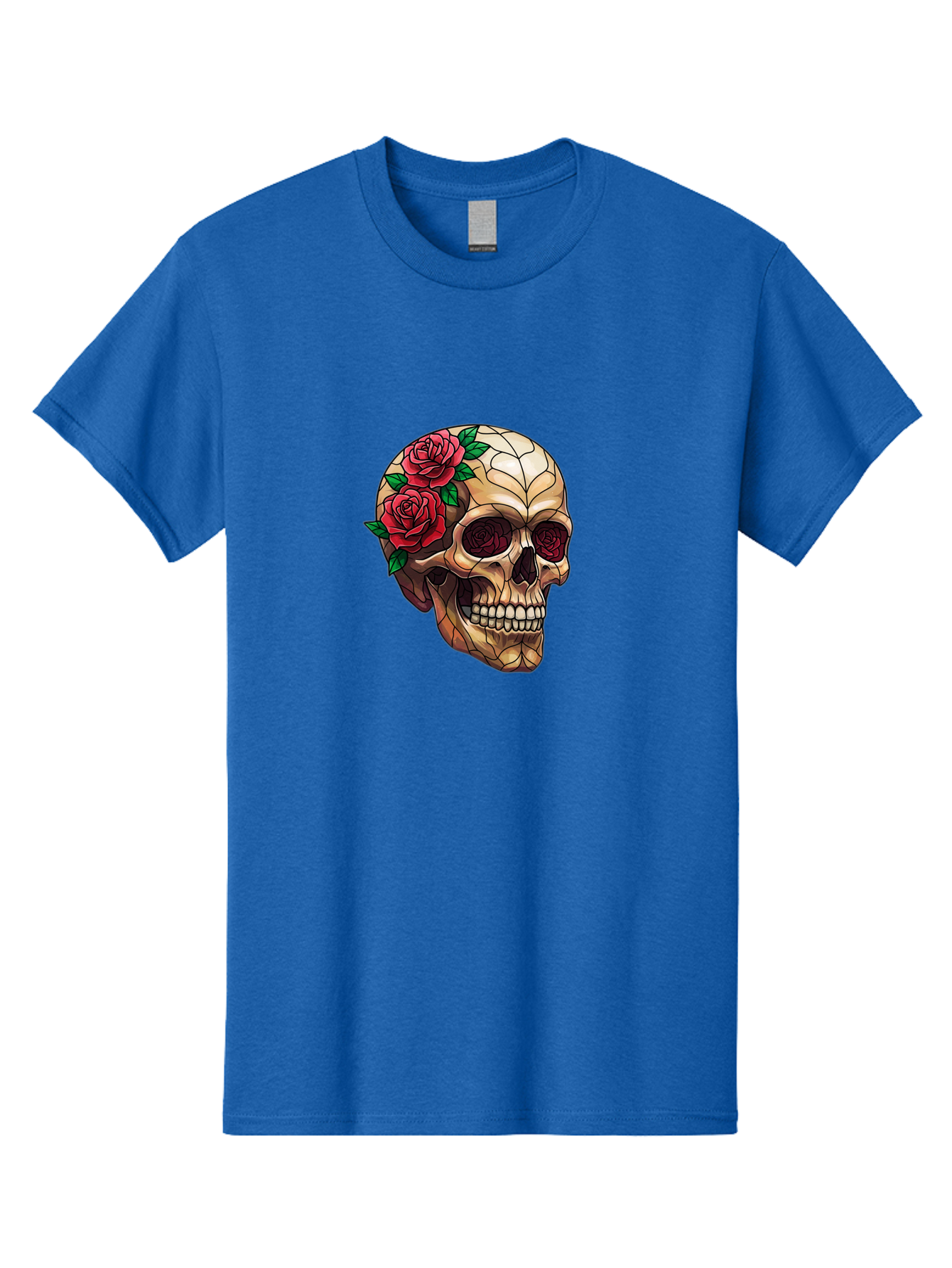 Skull-With-Roses-4 Men'S Graphic Tee, 100% Cotton, Comfortable Casual Summer Wear, Machine Washable, Human Skull, Sugar Skull, Red Roses, Floral Design, Stained Glass Effect, Gothic Style, Tattoo Art, Rose Eyes, Death And Beauty, Floral Skull Bad617
