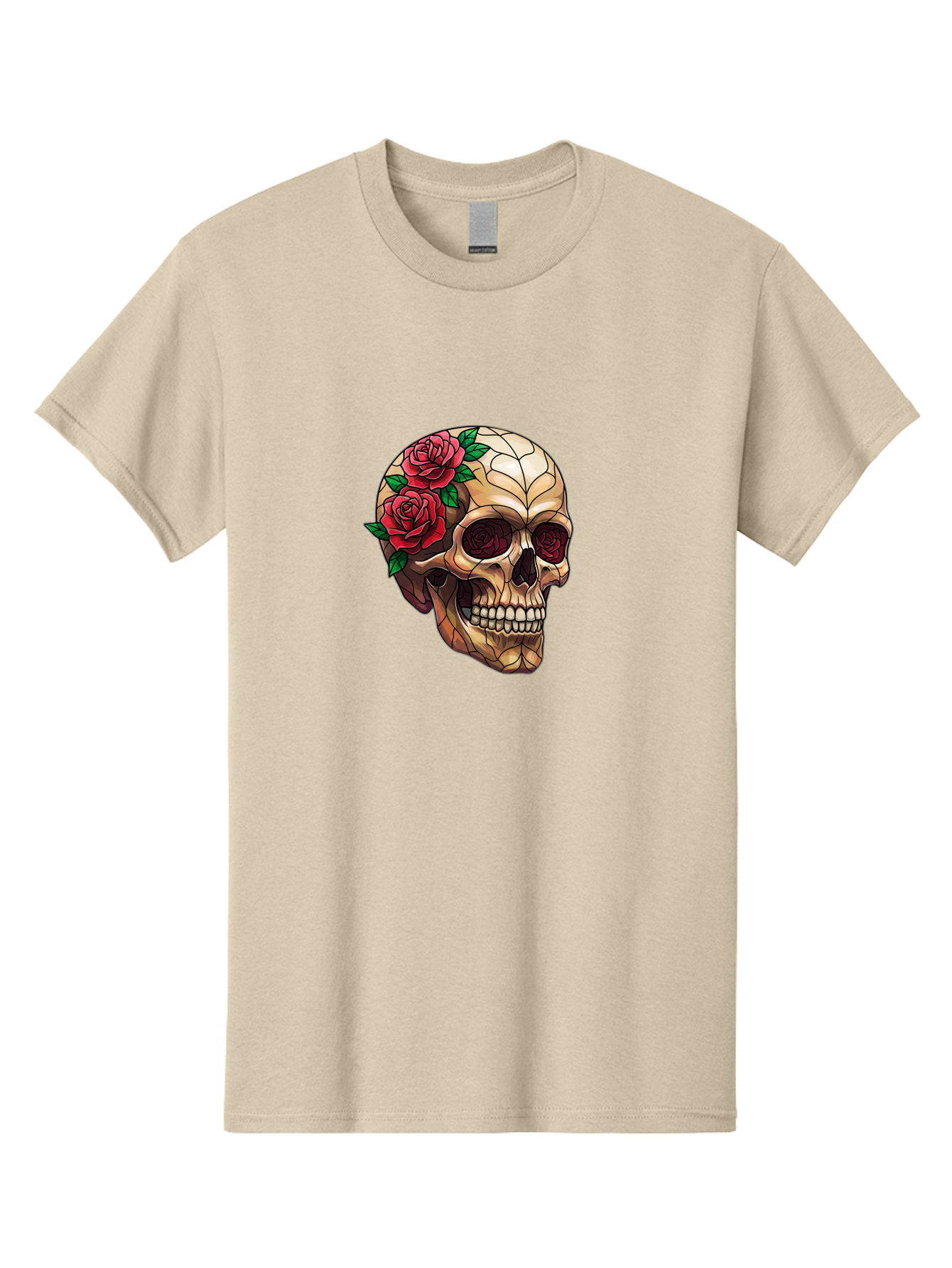 Skull-With-Roses-4 Men'S Graphic Tee, 100% Cotton, Comfortable Casual Summer Wear, Machine Washable, Human Skull, Sugar Skull, Red Roses, Floral Design, Stained Glass Effect, Gothic Style, Tattoo Art, Rose Eyes, Death And Beauty, Floral Skull Bad617