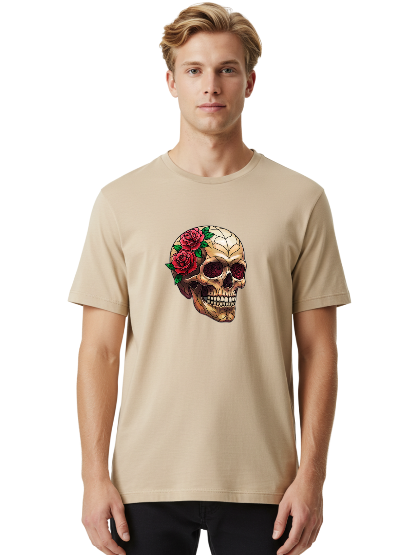 Skull-With-Roses-4 Men'S Graphic Tee, 100% Cotton, Comfortable Casual Summer Wear, Machine Washable, Human Skull, Sugar Skull, Red Roses, Floral Design, Stained Glass Effect, Gothic Style, Tattoo Art, Rose Eyes, Death And Beauty, Floral Skull Bad617