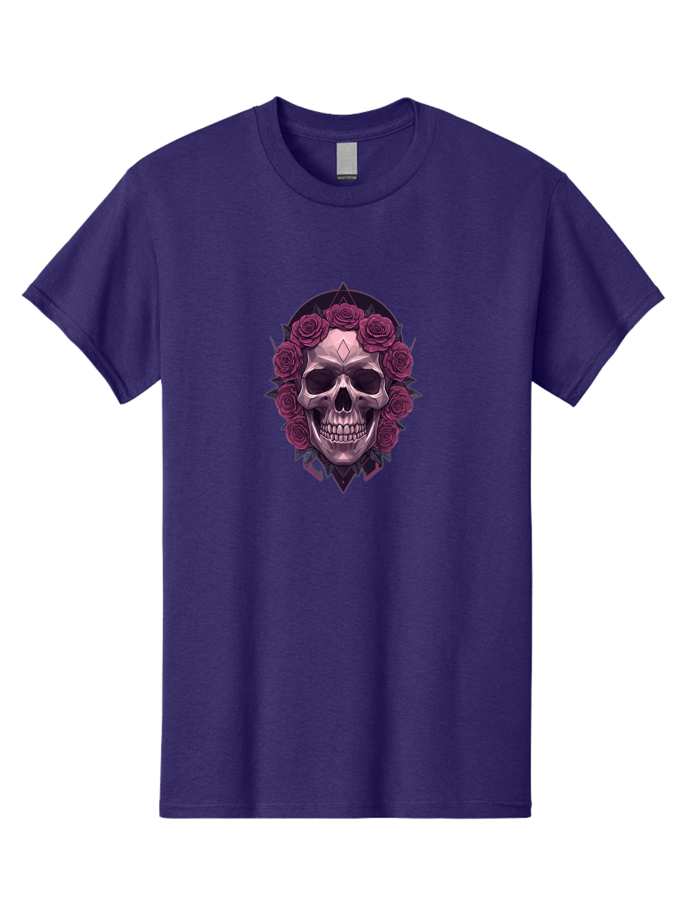 Skull-With-Roses-5 Men'S Graphic Tee, 100% Cotton, Comfortable Casual Summer Wear, Machine Washable, Human Skull, Purple Roses, Diamond-Shaped Gem, Gothic Design, Dark Art, Floral Wreath, Mystical Symbol, Tattoo Art, Grunge Style, Bad618