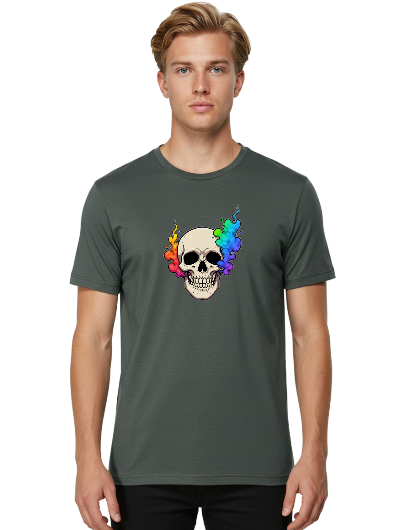 Skull-With-Smoke Men'S Graphic Tee, 100% Cotton, Comfortable Casual Summer Wear, Machine Washable, Cartoon Skull, Rainbow Smoke, Colorful Illustration, Vibrant Art, Edgy Design, Grunge Style, Street Art, Graphic Design, Skull Art, Bad620