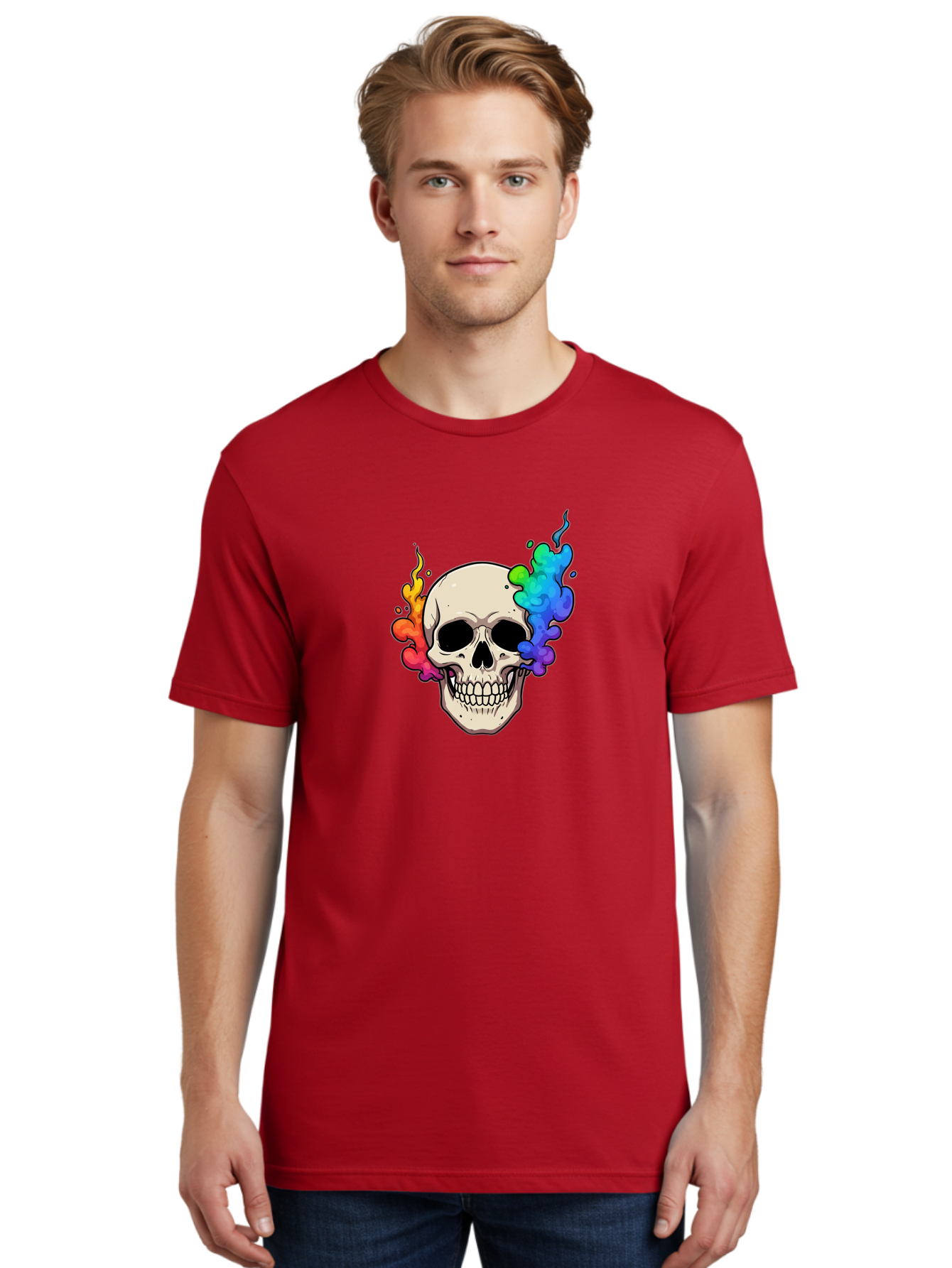 Skull-With-Smoke Men'S Graphic Tee, 100% Cotton, Comfortable Casual Summer Wear, Machine Washable, Cartoon Skull, Rainbow Smoke, Colorful Illustration, Vibrant Art, Edgy Design, Grunge Style, Street Art, Graphic Design, Skull Art, Bad620