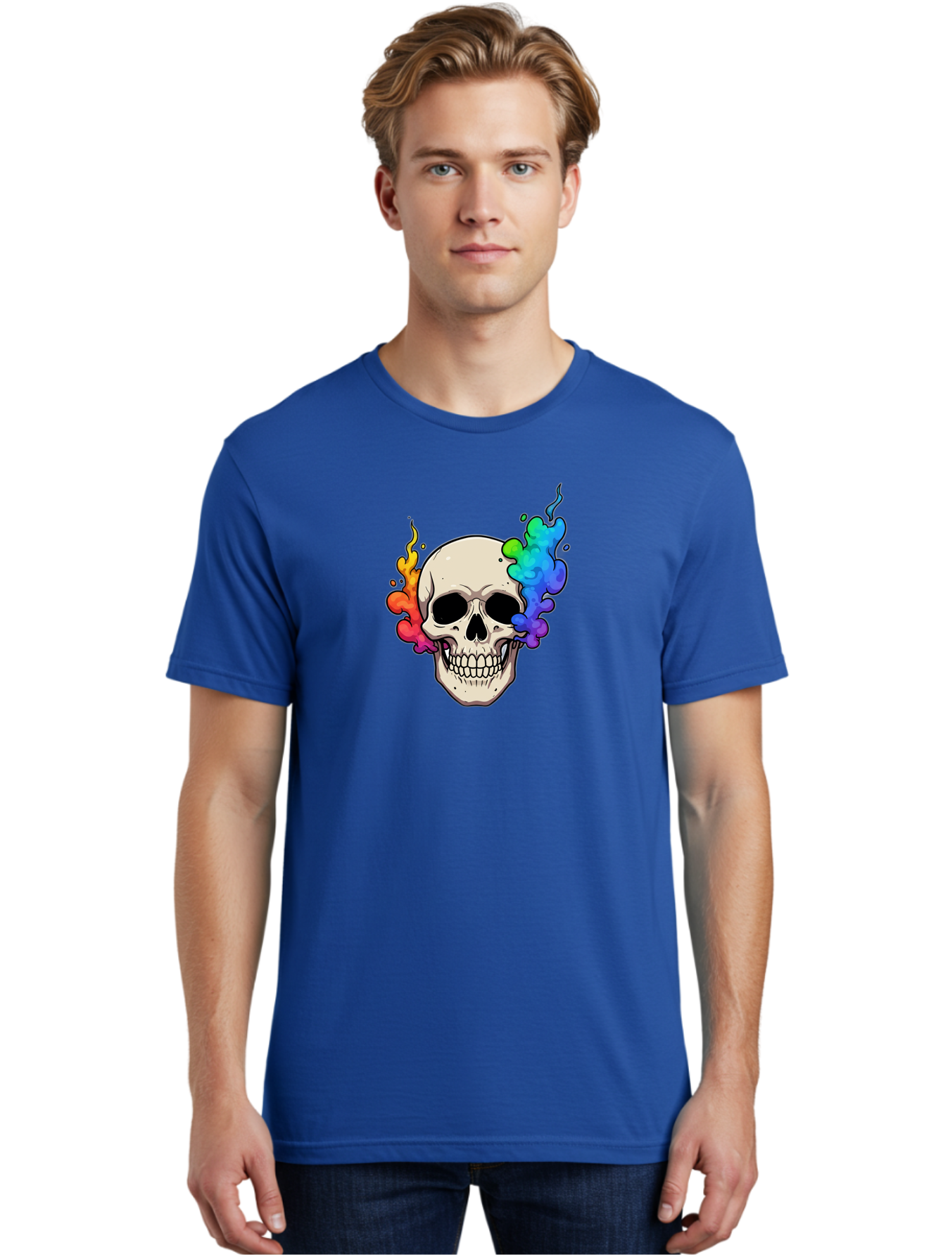 Skull-With-Smoke Men'S Graphic Tee, 100% Cotton, Comfortable Casual Summer Wear, Machine Washable, Cartoon Skull, Rainbow Smoke, Colorful Illustration, Vibrant Art, Edgy Design, Grunge Style, Street Art, Graphic Design, Skull Art, Bad620