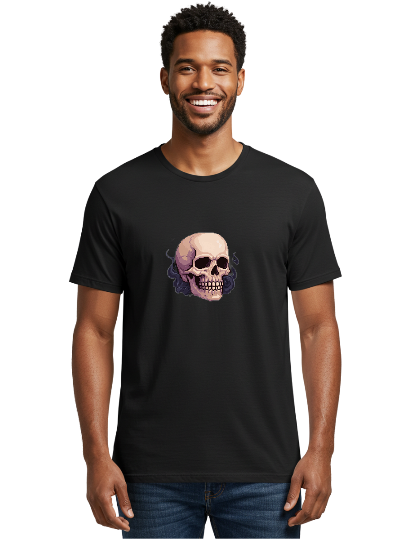 Skull-With-Tentacles Men'S Graphic Tee, 100% Cotton, Comfortable Casual Summer Wear, Machine Washable, Pixel Art Skull, Human Skull, Smoke Effects, Dark Magic, Mysterious, Gothic Style, Spooky Atmosphere, Eerie, Halloween Theme Bad621