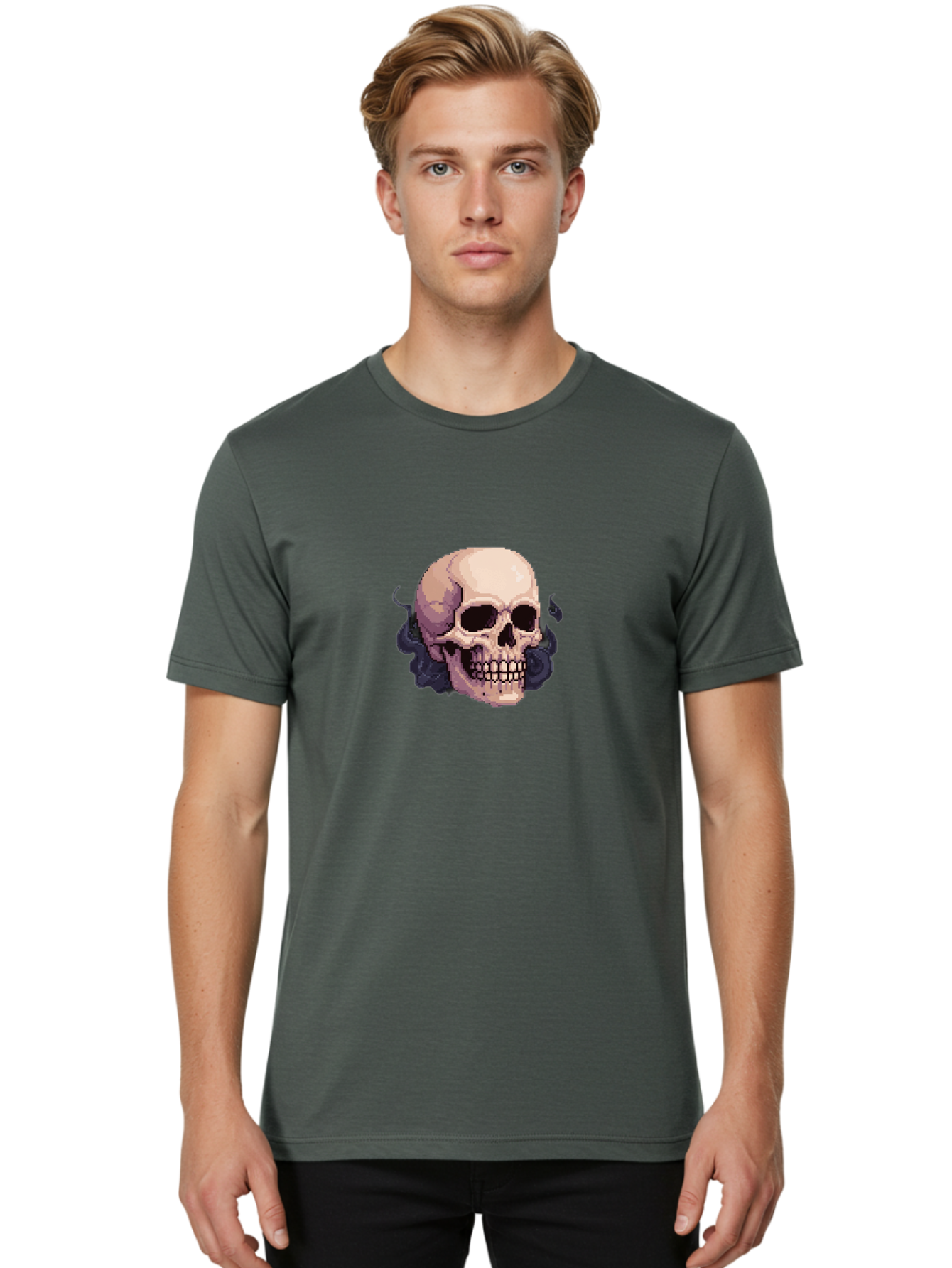 Skull-With-Tentacles Men'S Graphic Tee, 100% Cotton, Comfortable Casual Summer Wear, Machine Washable, Pixel Art Skull, Human Skull, Smoke Effects, Dark Magic, Mysterious, Gothic Style, Spooky Atmosphere, Eerie, Halloween Theme Bad621