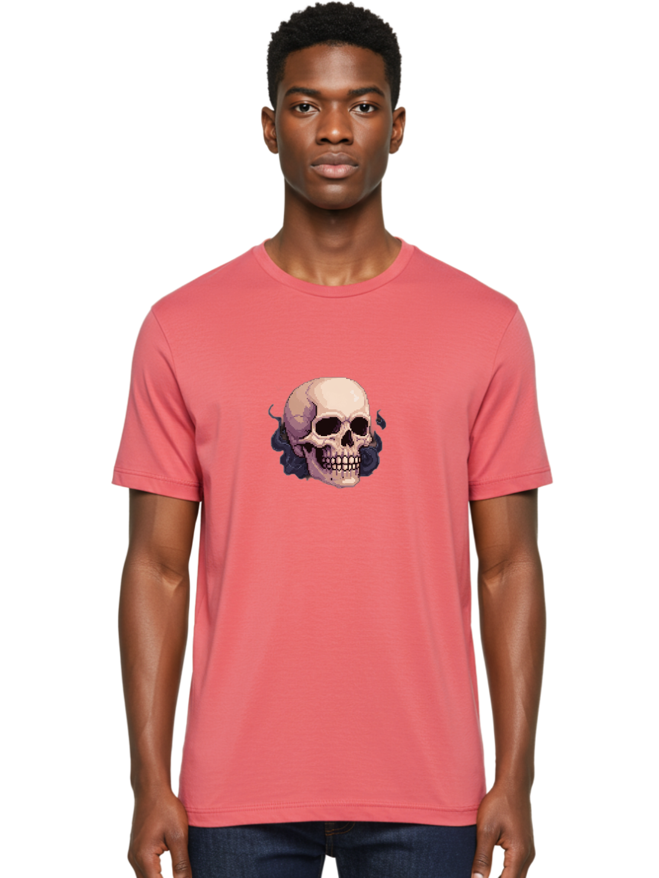 Skull-With-Tentacles Men'S Graphic Tee, 100% Cotton, Comfortable Casual Summer Wear, Machine Washable, Pixel Art Skull, Human Skull, Smoke Effects, Dark Magic, Mysterious, Gothic Style, Spooky Atmosphere, Eerie, Halloween Theme Bad621