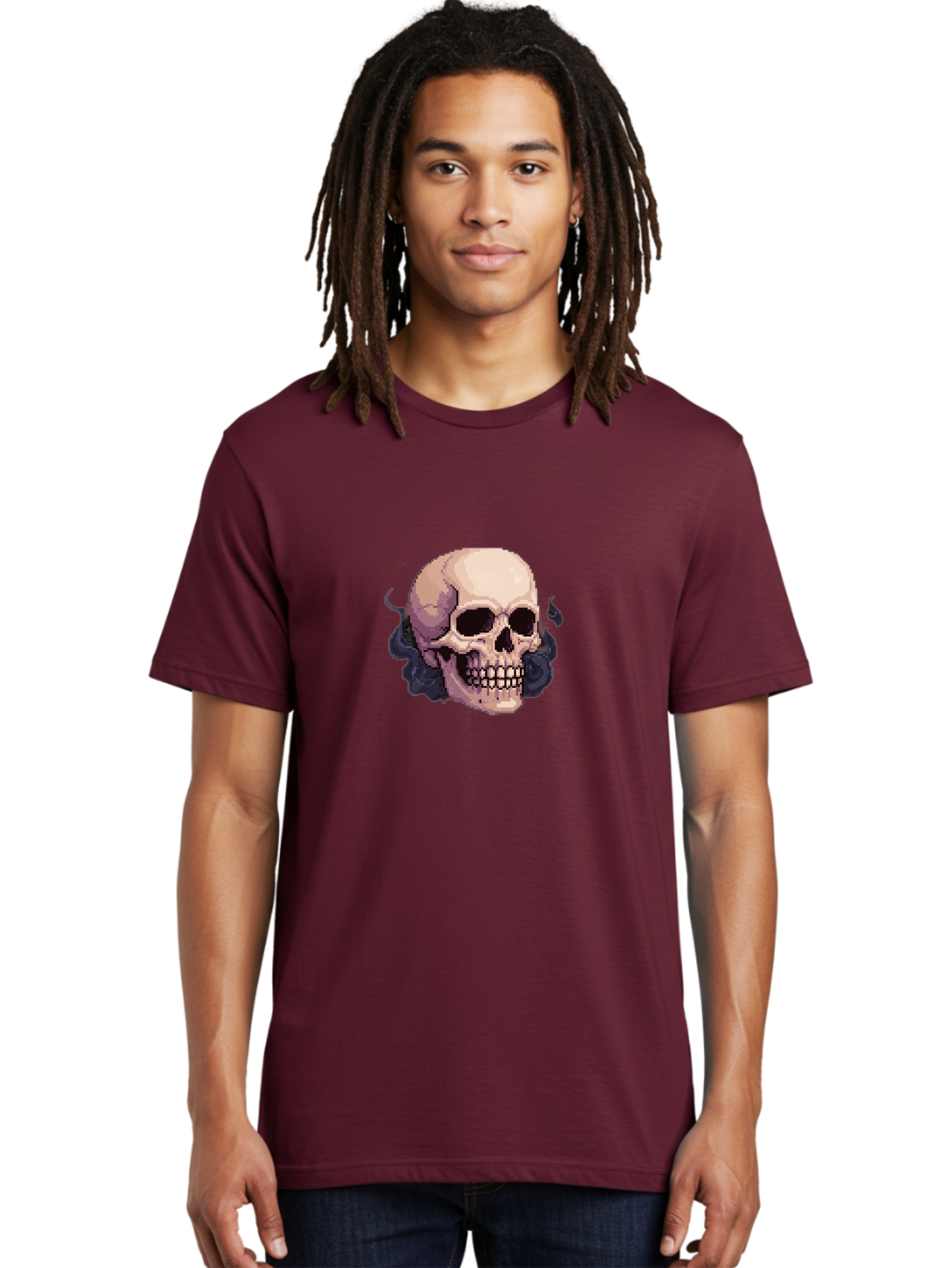 Skull-With-Tentacles Men'S Graphic Tee, 100% Cotton, Comfortable Casual Summer Wear, Machine Washable, Pixel Art Skull, Human Skull, Smoke Effects, Dark Magic, Mysterious, Gothic Style, Spooky Atmosphere, Eerie, Halloween Theme Bad621