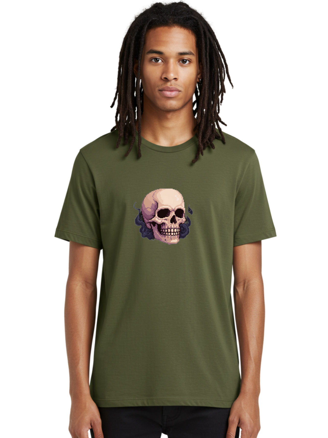 Skull-With-Tentacles Men'S Graphic Tee, 100% Cotton, Comfortable Casual Summer Wear, Machine Washable, Pixel Art Skull, Human Skull, Smoke Effects, Dark Magic, Mysterious, Gothic Style, Spooky Atmosphere, Eerie, Halloween Theme Bad621