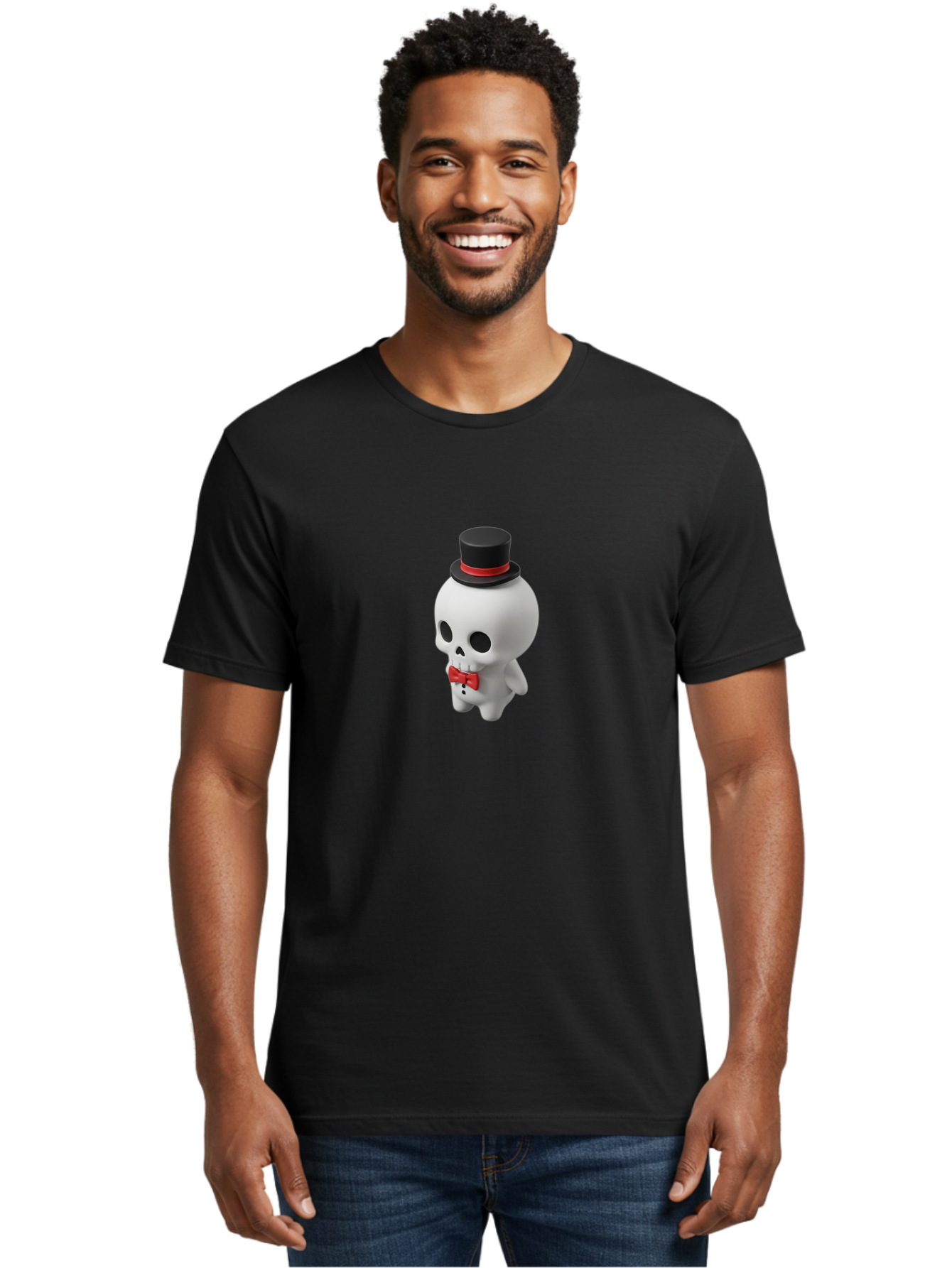 Skull-With-Top-Hat-1 Men'S Graphic Tee, 100% Cotton, Comfortable Casual Summer Wear, Machine Washable, Cartoon Skull, Top Hat, Red Bow Tie, Black Hatband, 3D Illustration, Gothic Style, Skull Character, Fashion Accessories, Stylish Skeleton Bad622