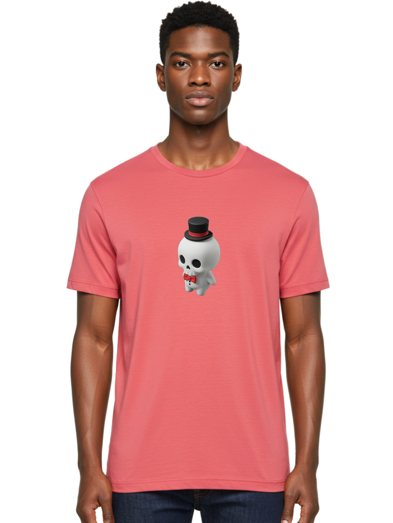 Skull-With-Top-Hat-1 Men'S Graphic Tee, 100% Cotton, Comfortable Casual Summer Wear, Machine Washable, Cartoon Skull, Top Hat, Red Bow Tie, Black Hatband, 3D Illustration, Gothic Style, Skull Character, Fashion Accessories, Stylish Skeleton Bad622