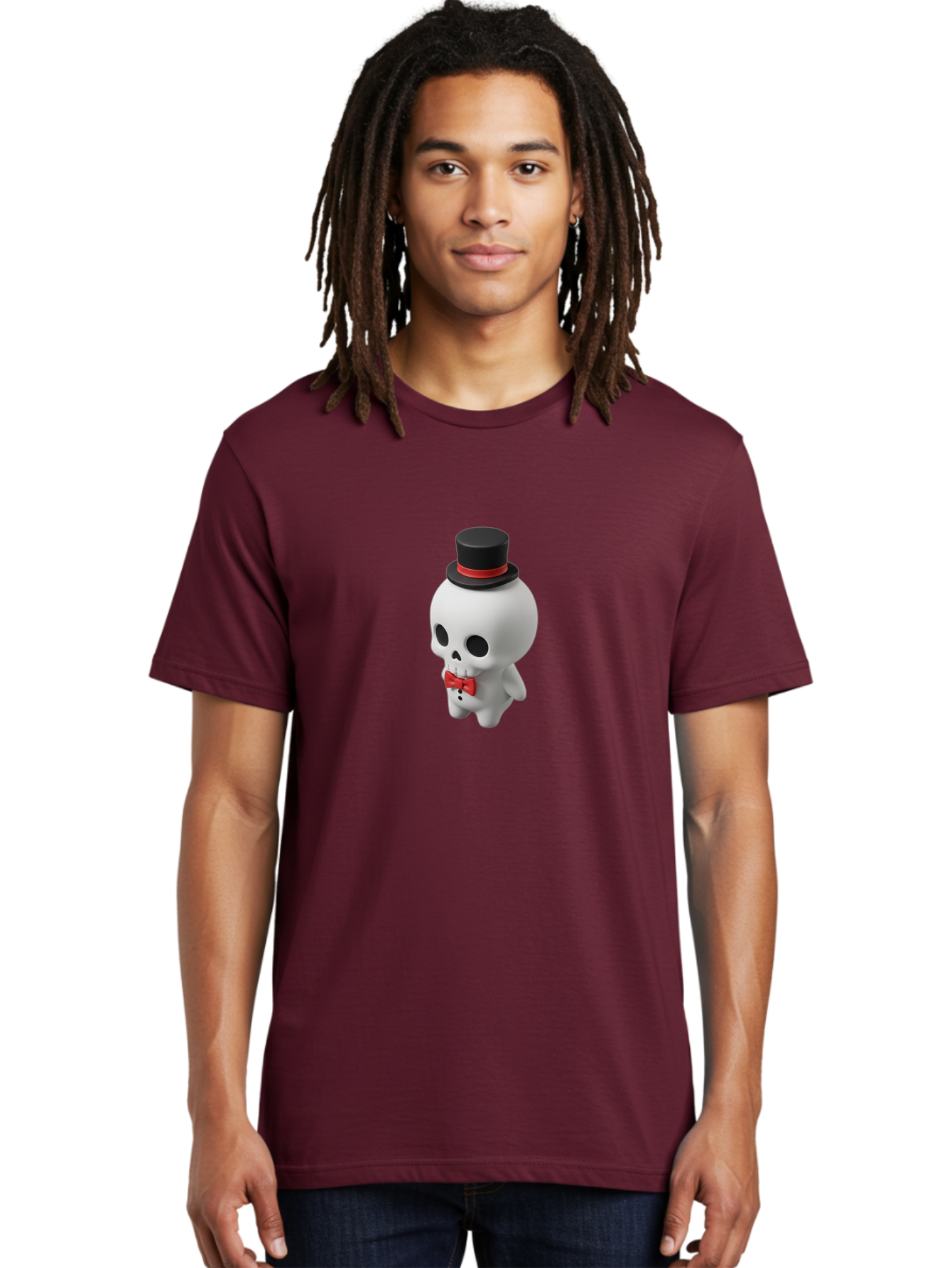Skull-With-Top-Hat-1 Men'S Graphic Tee, 100% Cotton, Comfortable Casual Summer Wear, Machine Washable, Cartoon Skull, Top Hat, Red Bow Tie, Black Hatband, 3D Illustration, Gothic Style, Skull Character, Fashion Accessories, Stylish Skeleton Bad622