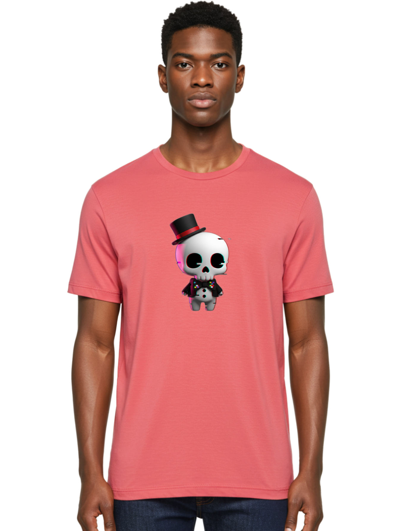 Skull-With-Top-Hat-And-Bow-Tie-1 Men'S Graphic Tee, 100% Cotton, Comfortable Casual Summer Wear, Machine Washable, 3D Rendered Skull, Top Hat And Bow Tie, Gothic Style, Digital Art, Skeleton Character, Colorful Bow Tie, Black Hat, Spooky Chic, Bad623
