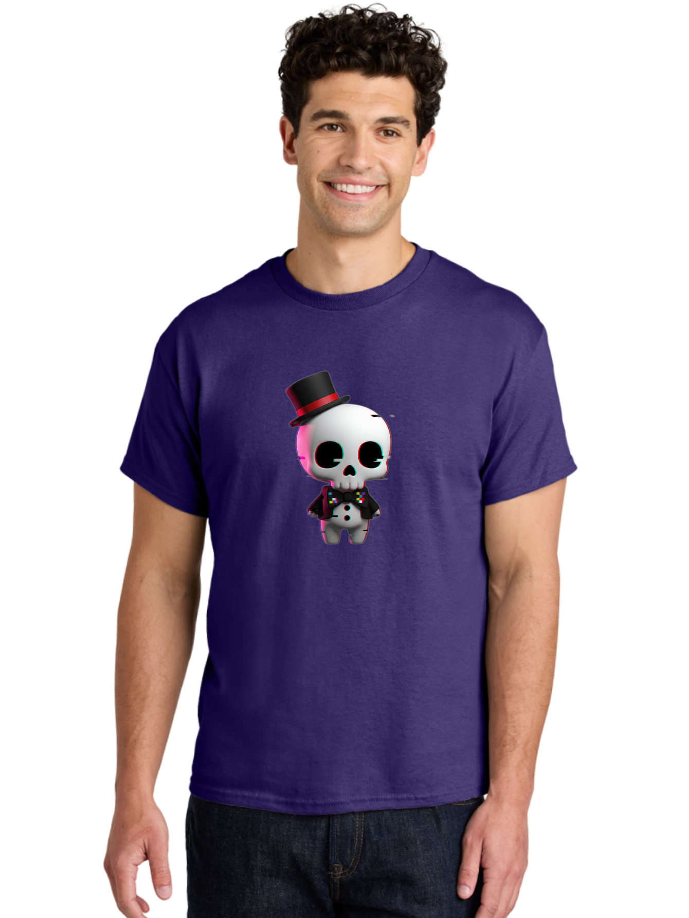 Skull-With-Top-Hat-And-Bow-Tie-1 Men'S Graphic Tee, 100% Cotton, Comfortable Casual Summer Wear, Machine Washable, 3D Rendered Skull, Top Hat And Bow Tie, Gothic Style, Digital Art, Skeleton Character, Colorful Bow Tie, Black Hat, Spooky Chic, Bad623