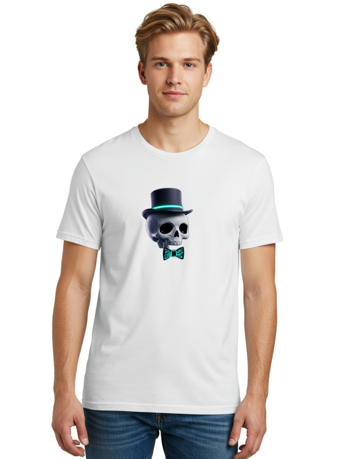 Skull-With-Top-Hat-And-Bow-Tie-2 Men'S Graphic Tee, 100% Cotton, Comfortable Casual Summer Wear, Machine Washable, Skull With Top Hat, Cyberpunk Style, Futuristic, Circuit Board, Bow Tie, Glowing Neon, Tech-Inspired Art, Gothic Chic, Bad624