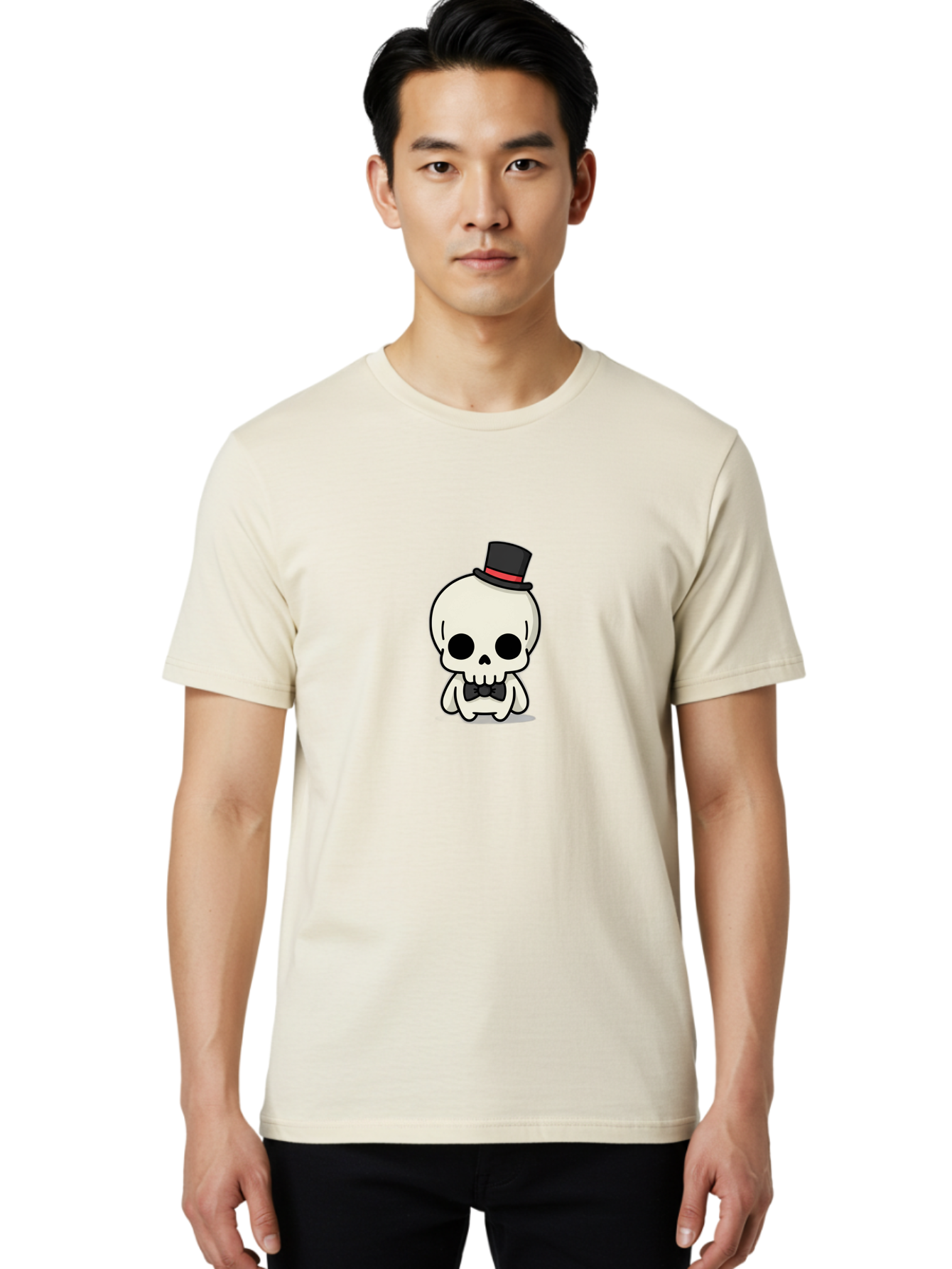 Skull-With-Top-Hat-And-Bow-Tie Men'S Graphic Tee, 100% Cotton, Comfortable Casual Summer Wear, Machine Washable, Cartoon Skull, Top Hat, Black Bow Tie, Skeleton Character, Spooky Charm, Gothic Style, Red Ribbon, Cute Skeleton, Bad625