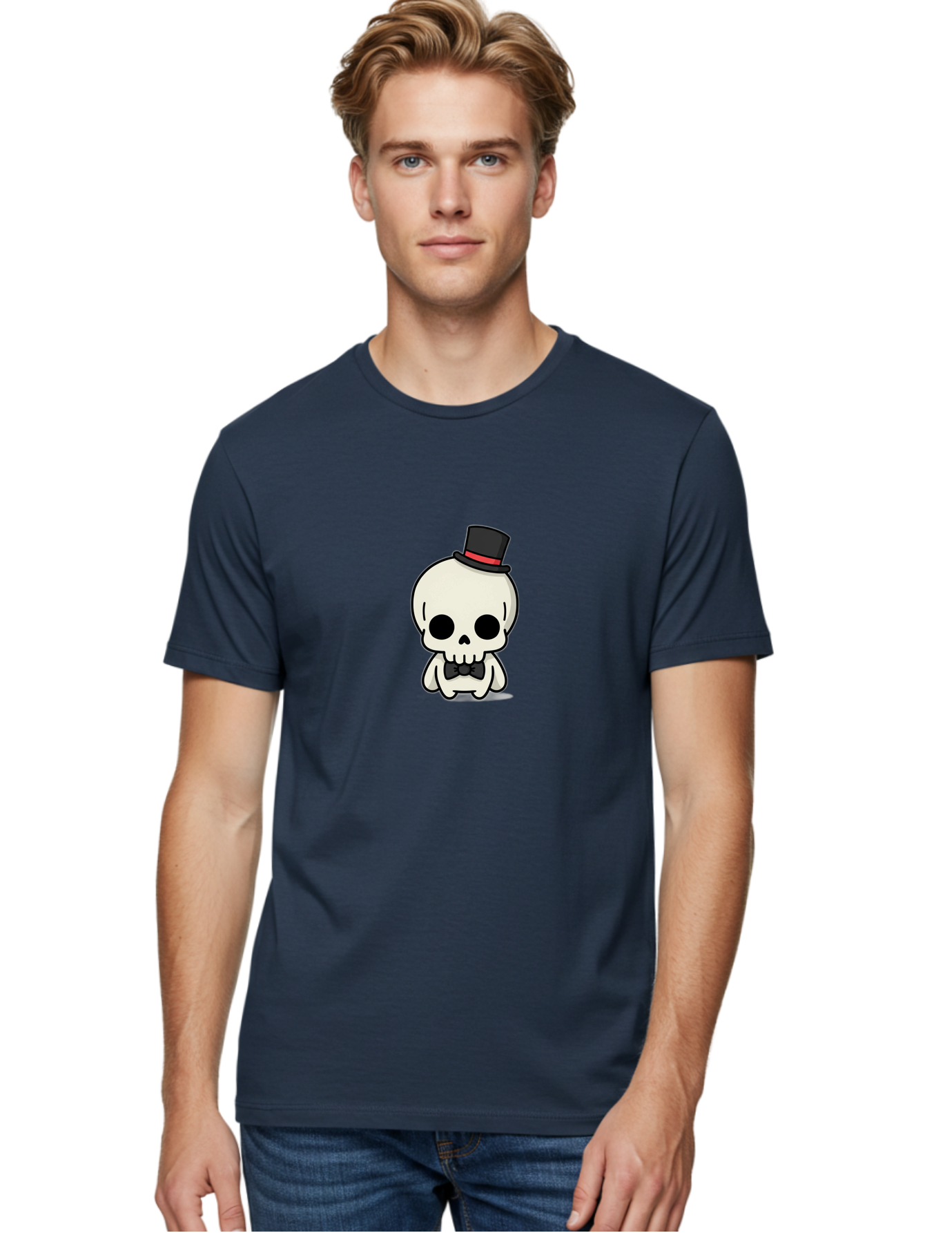 Skull-With-Top-Hat-And-Bow-Tie Men'S Graphic Tee, 100% Cotton, Comfortable Casual Summer Wear, Machine Washable, Cartoon Skull, Top Hat, Black Bow Tie, Skeleton Character, Spooky Charm, Gothic Style, Red Ribbon, Cute Skeleton, Bad625
