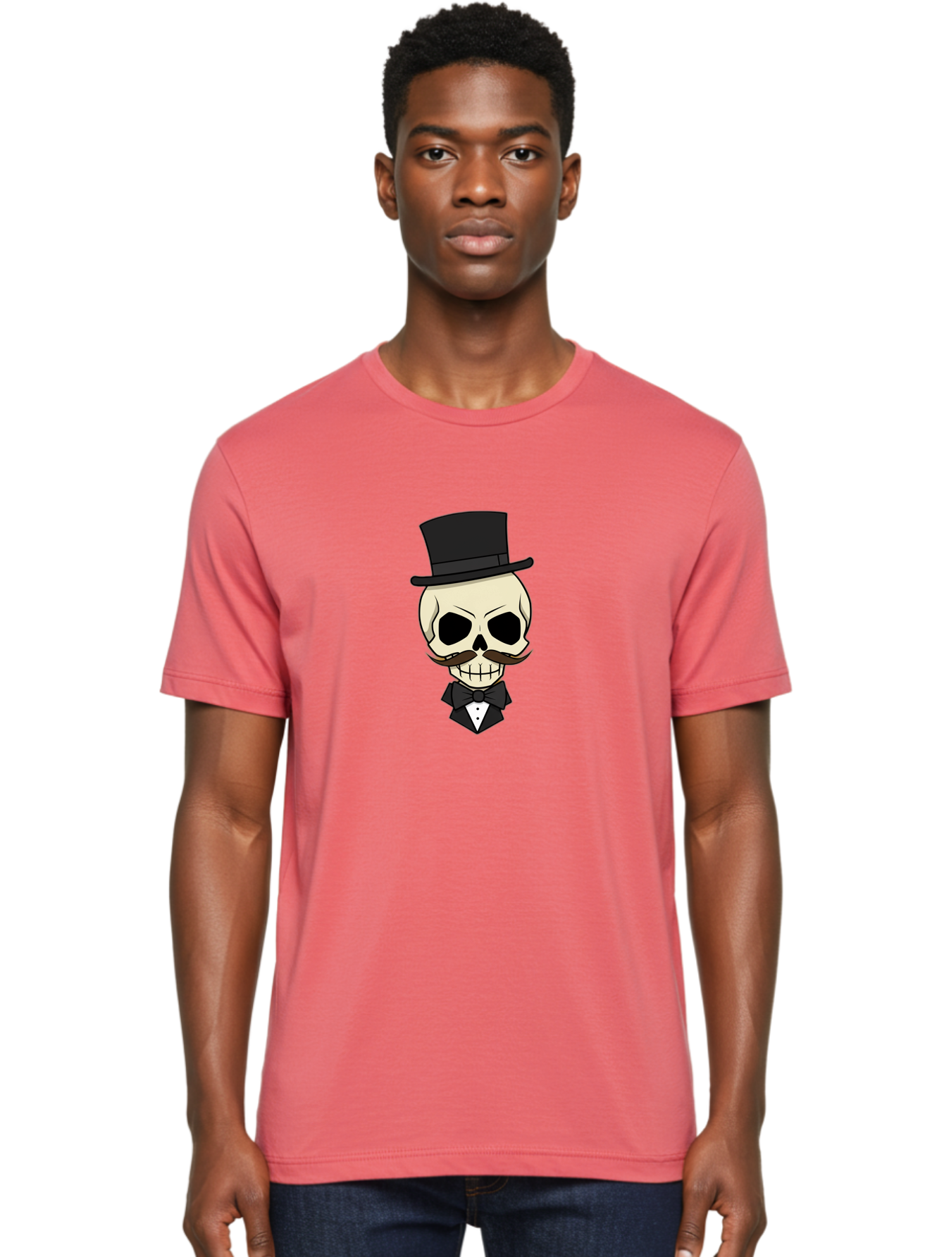 Skull-With-Top-Hat Men'S Graphic Tee, 100% Cotton, Comfortable Casual Summer Wear, Machine Washable, Human Skull With Hat And Mustache, Formal Attire, Bow Tie, Tuxedo, Gentlemanly Appearance, Refined Features, Elegant Design, Quirky Character Bad626