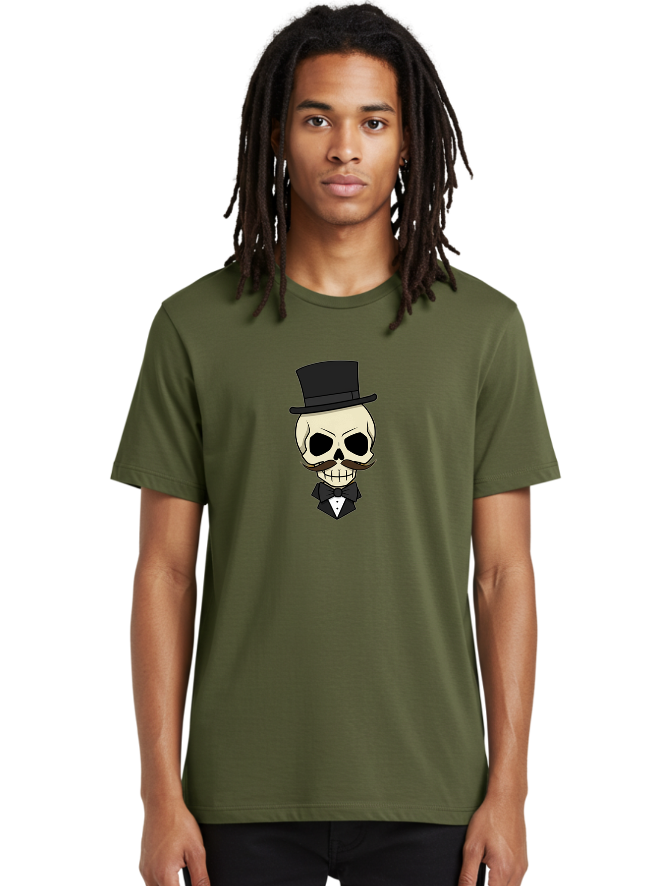 Skull-With-Top-Hat Men'S Graphic Tee, 100% Cotton, Comfortable Casual Summer Wear, Machine Washable, Human Skull With Hat And Mustache, Formal Attire, Bow Tie, Tuxedo, Gentlemanly Appearance, Refined Features, Elegant Design, Quirky Character Bad626