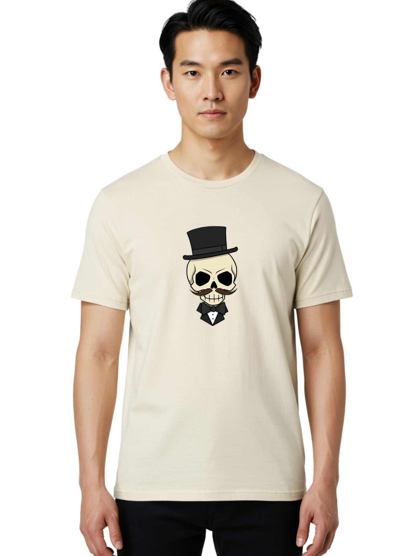 Skull-With-Top-Hat Men'S Graphic Tee, 100% Cotton, Comfortable Casual Summer Wear, Machine Washable, Human Skull With Hat And Mustache, Formal Attire, Bow Tie, Tuxedo, Gentlemanly Appearance, Refined Features, Elegant Design, Quirky Character Bad626